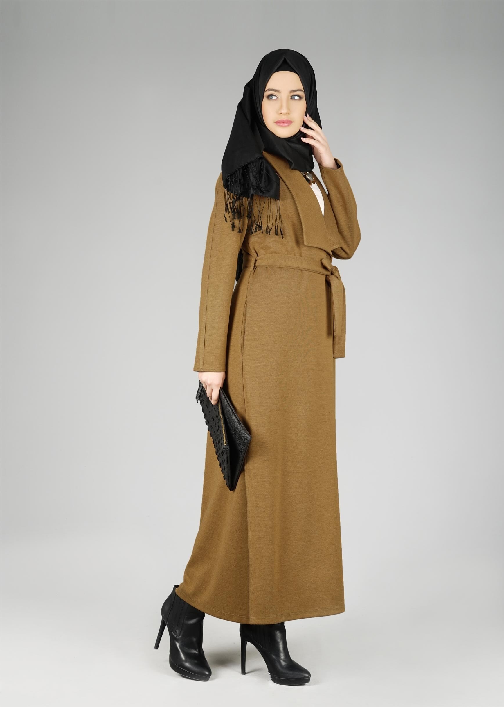 Tesettür giyim KAHVE GENİŞ YAKA KUŞAKLI CEKET 4944