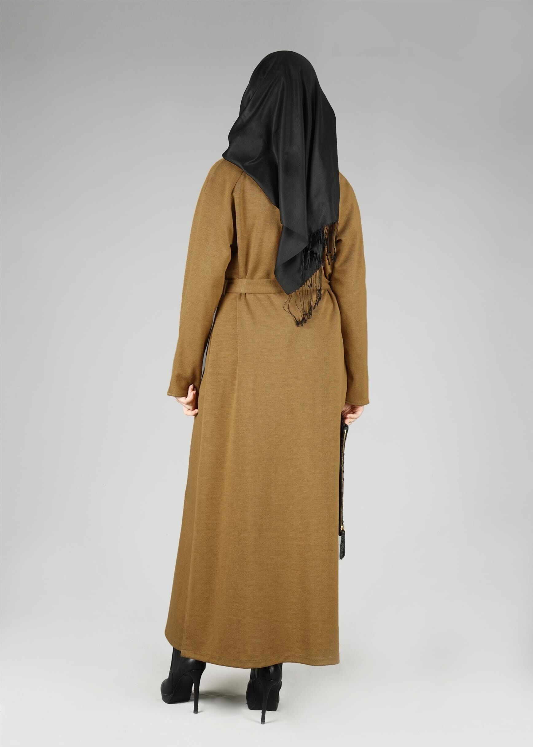 Tesettür giyim KAHVE GENİŞ YAKA KUŞAKLI CEKET 4944