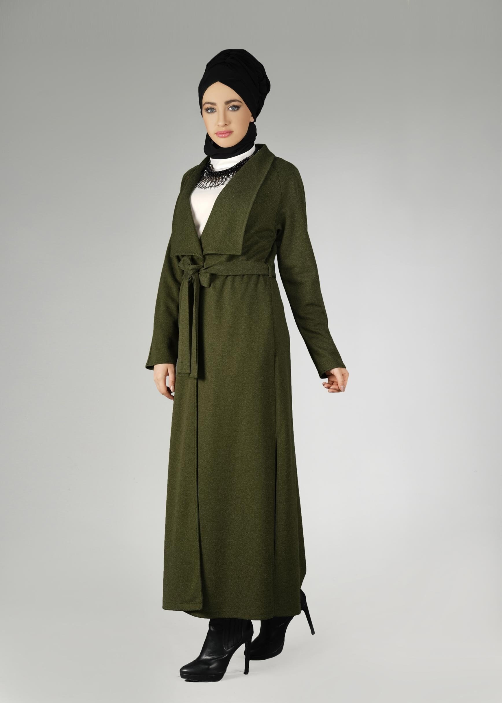 Tesettür giyim HAKİ GENİŞ YAKA KUŞAKLI CEKET 4944
