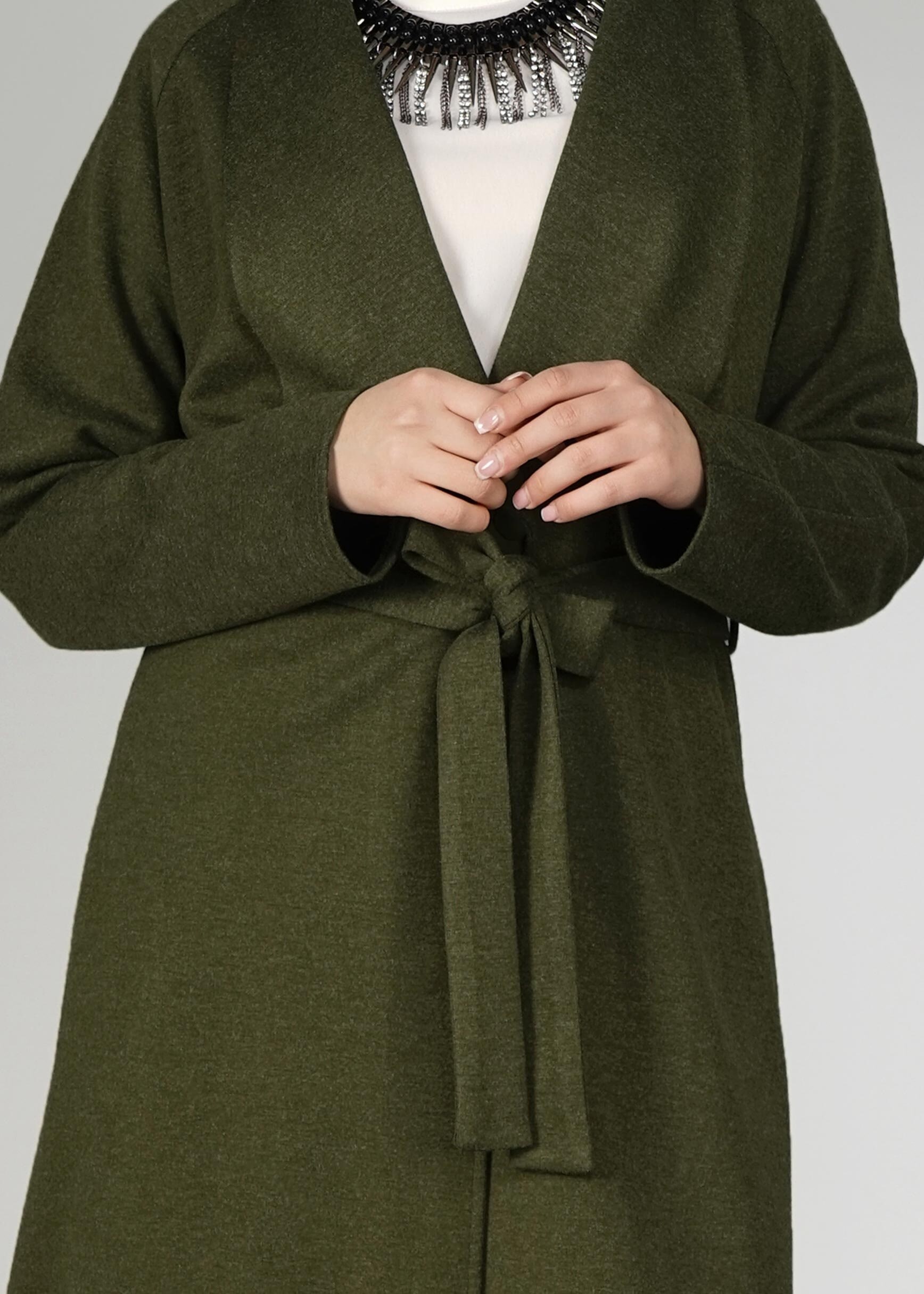 Tesettür giyim HAKİ GENİŞ YAKA KUŞAKLI CEKET 4944