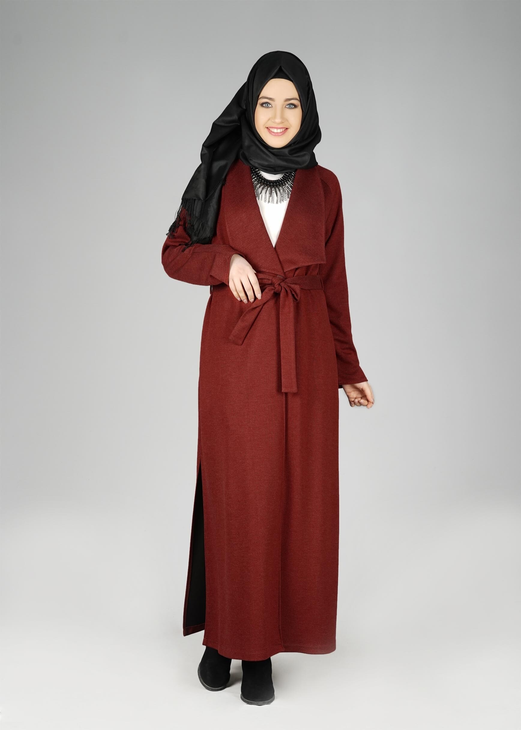 Tesettür giyim TURUNCU GENİŞ YAKA KUŞAKLI CEKET 4944