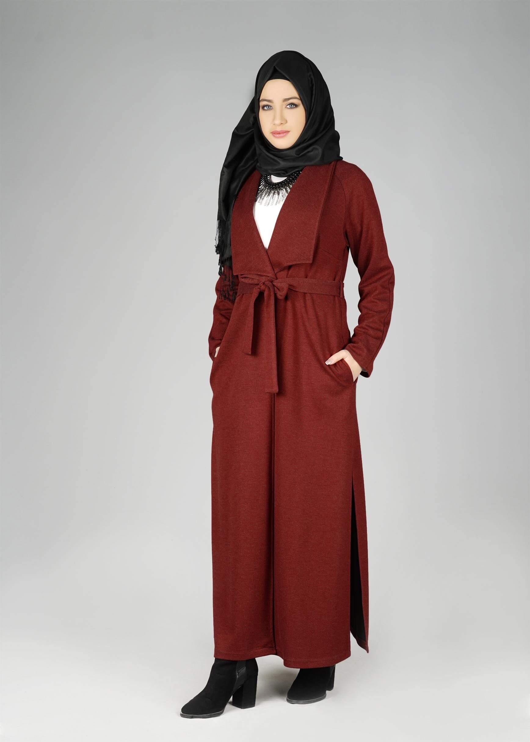 Tesettür giyim TURUNCU GENİŞ YAKA KUŞAKLI CEKET 4944