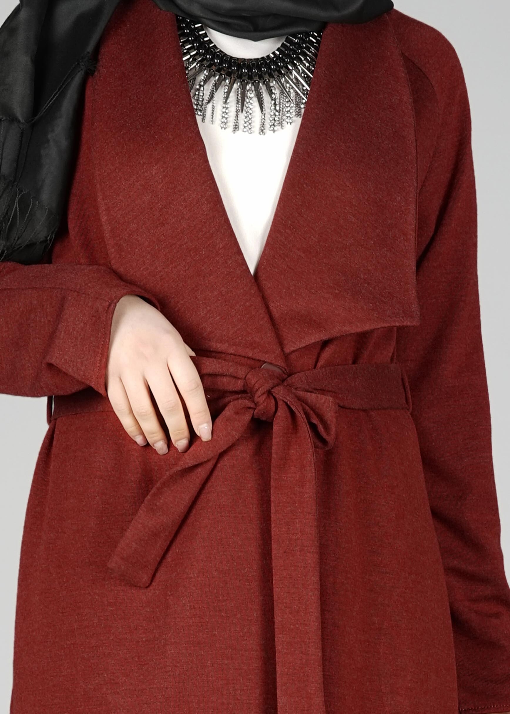 Tesettür giyim TURUNCU GENİŞ YAKA KUŞAKLI CEKET 4944