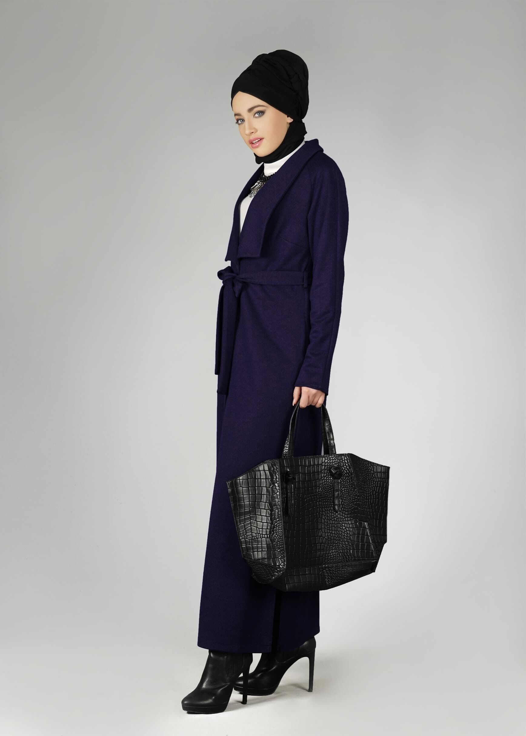Tesettür giyim LACİVERT GENİŞ YAKA KUŞAKLI CEKET 4944
