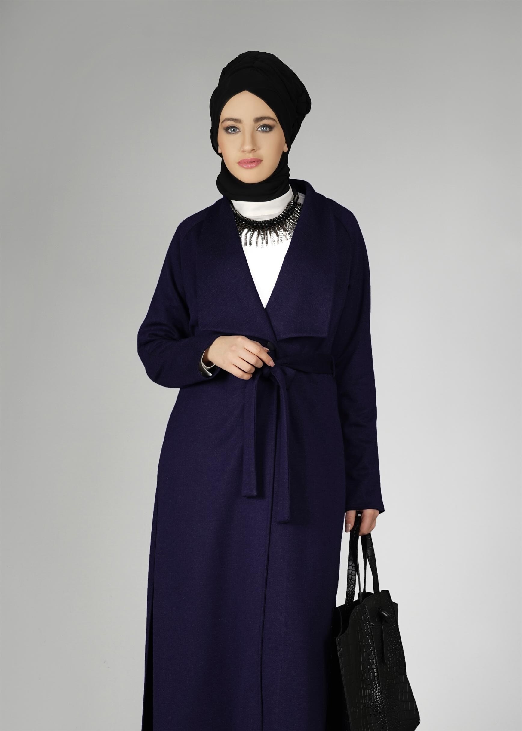 Tesettür giyim LACİVERT GENİŞ YAKA KUŞAKLI CEKET 4944