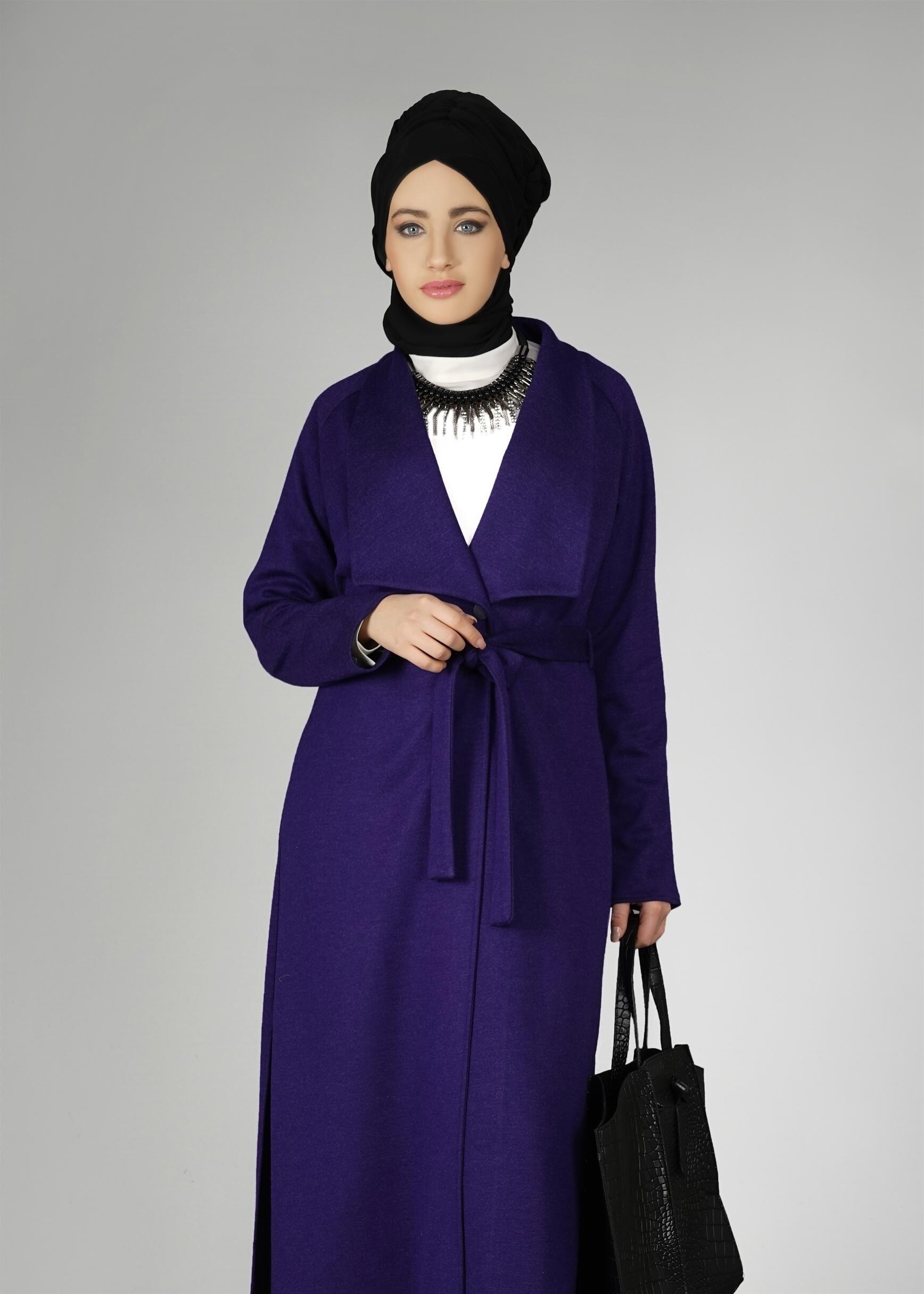 Tesettür giyim LACİVERT GENİŞ YAKA KUŞAKLI CEKET 4944
