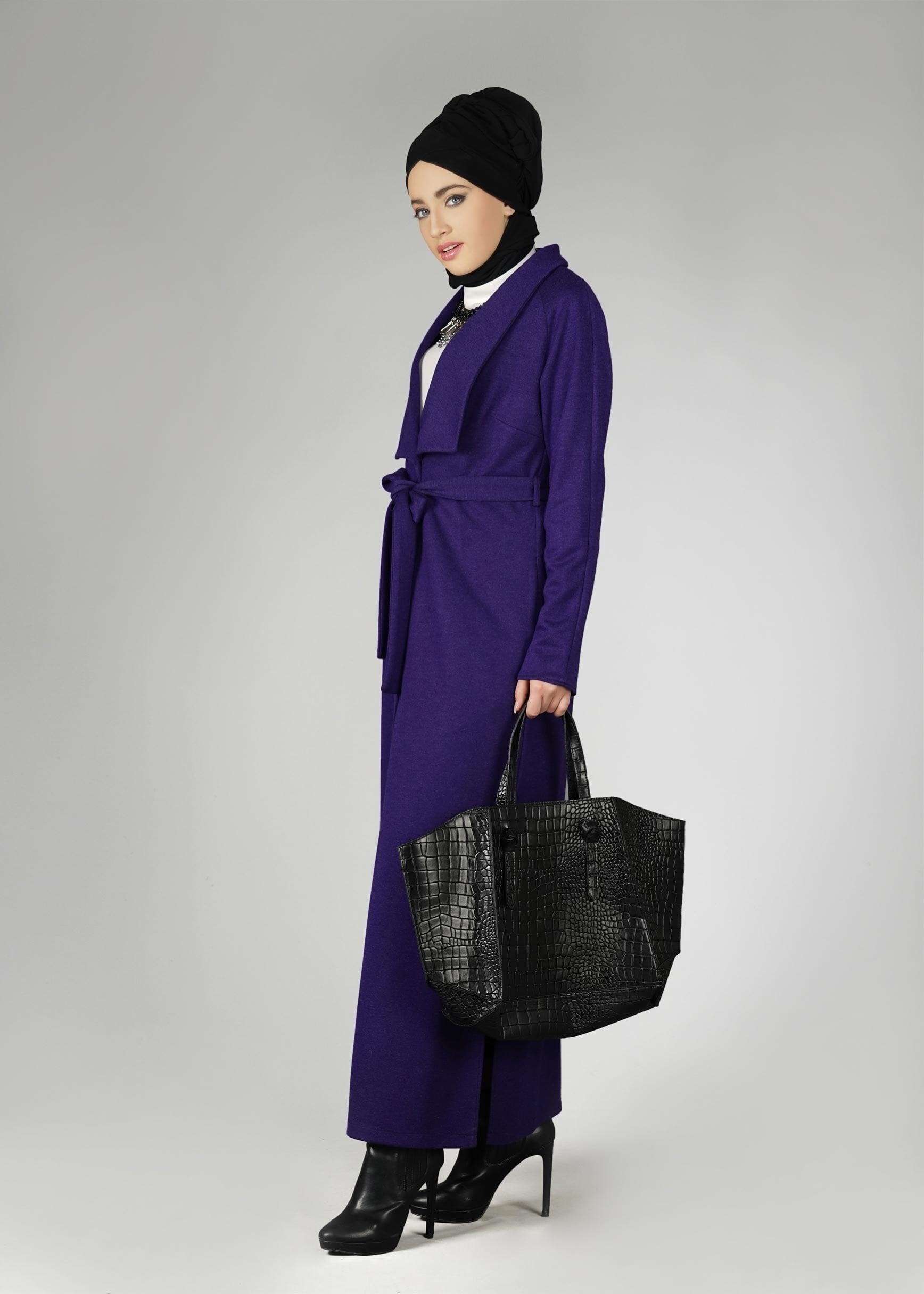 Tesettür giyim LACİVERT GENİŞ YAKA KUŞAKLI CEKET 4944