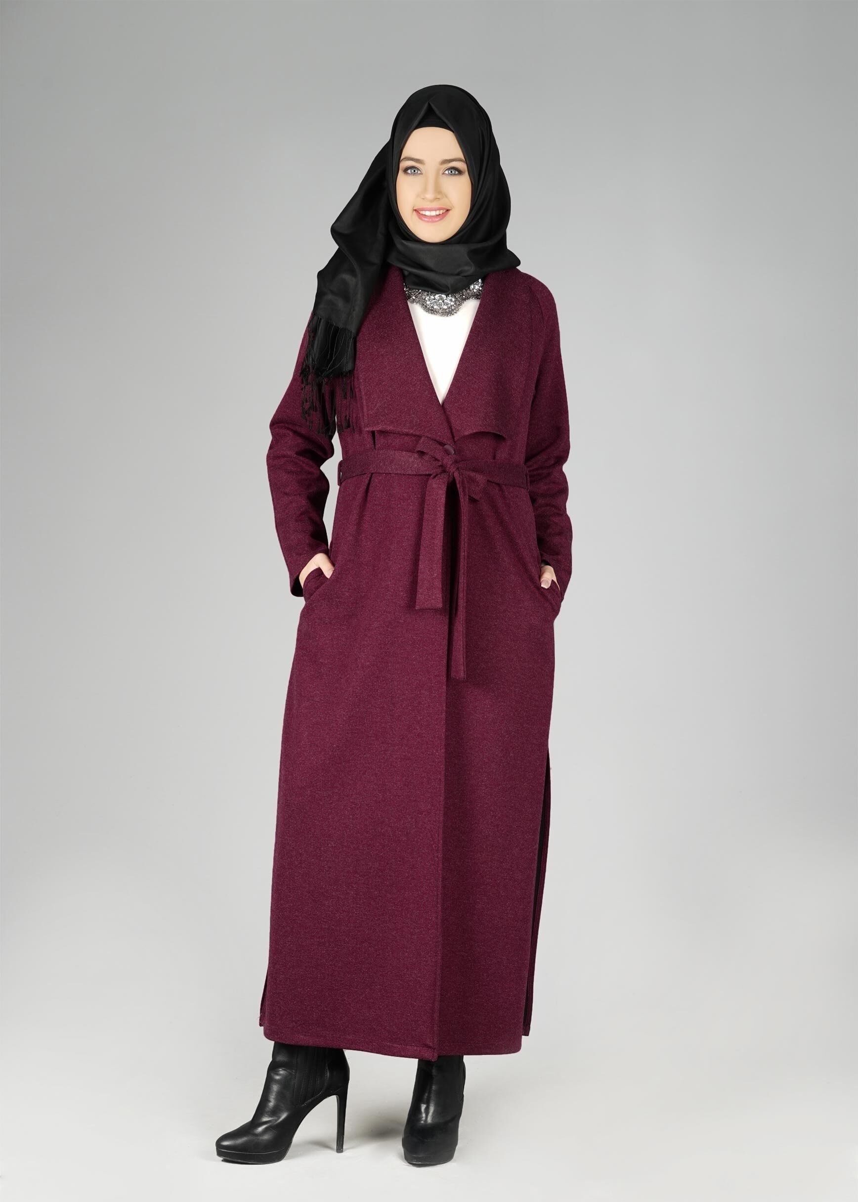 Tesettür giyim MOR GENİŞ YAKA KUŞAKLI CEKET 4944