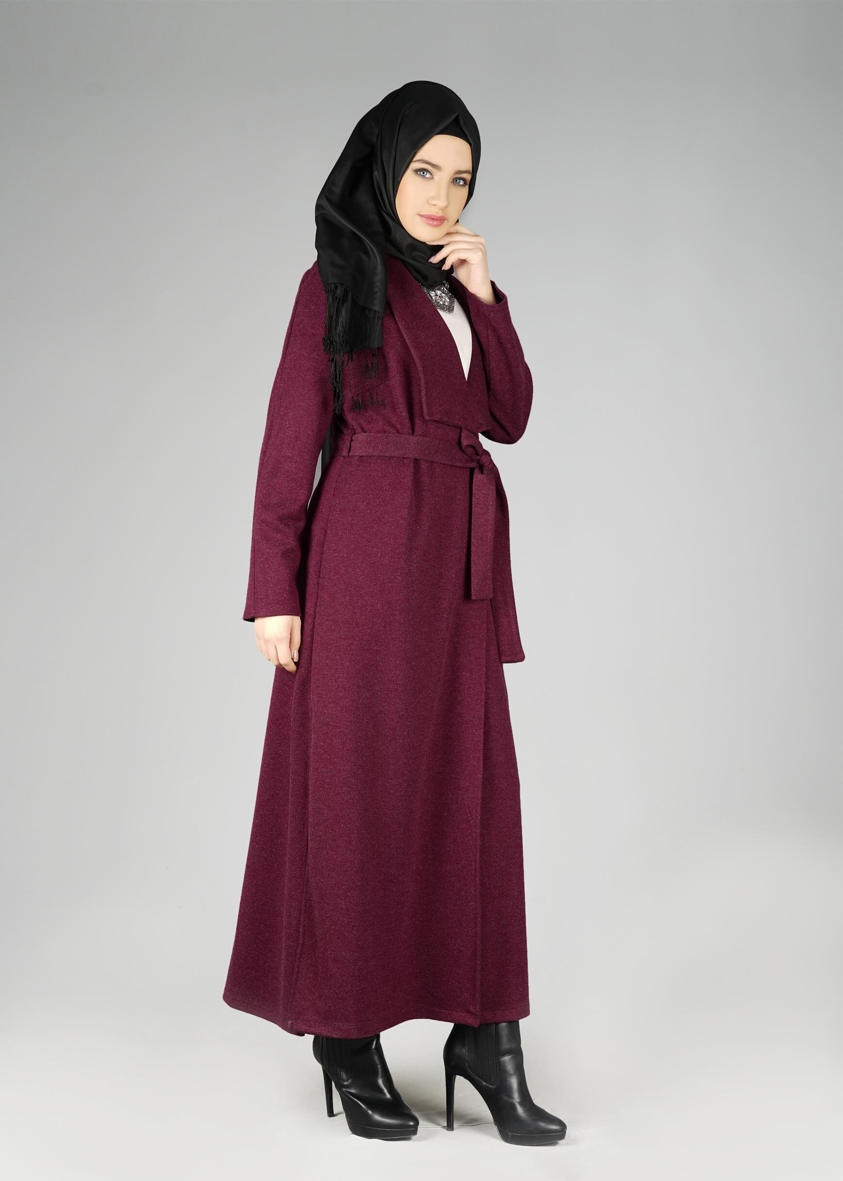 Tesettür giyim MOR GENİŞ YAKA KUŞAKLI CEKET 4944