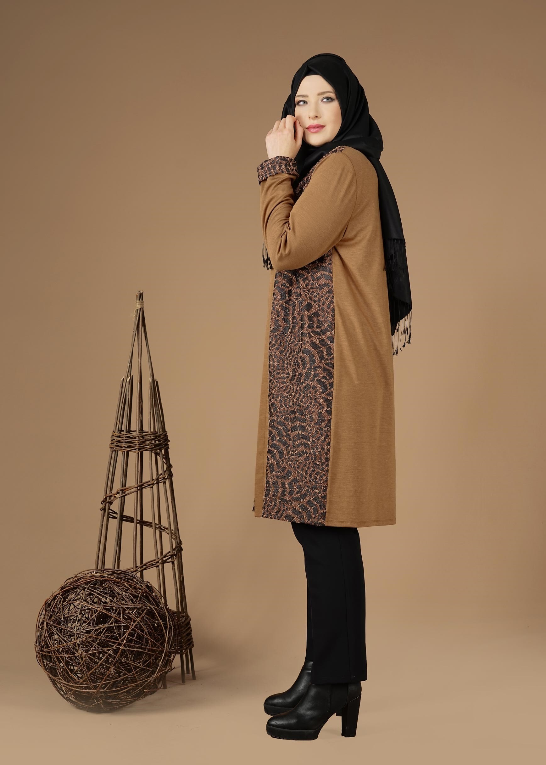 Tesettür giyim KAHVE ESKİTME DESENLİ CEKET 4947