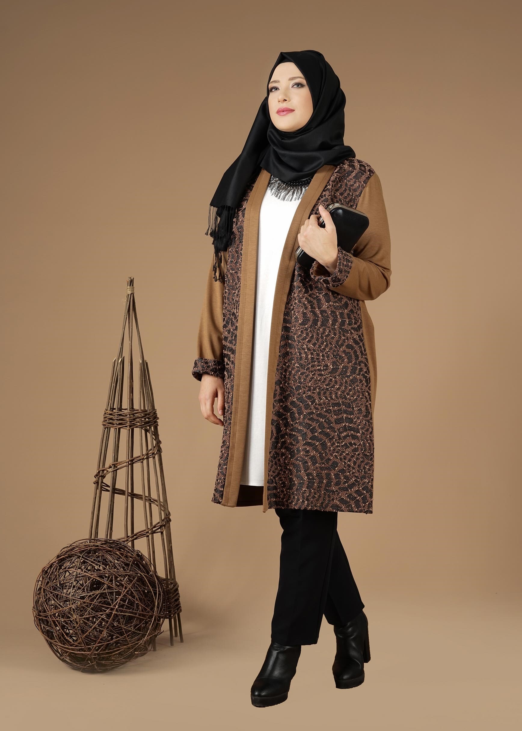 Tesettür giyim KAHVE ESKİTME DESENLİ CEKET 4947