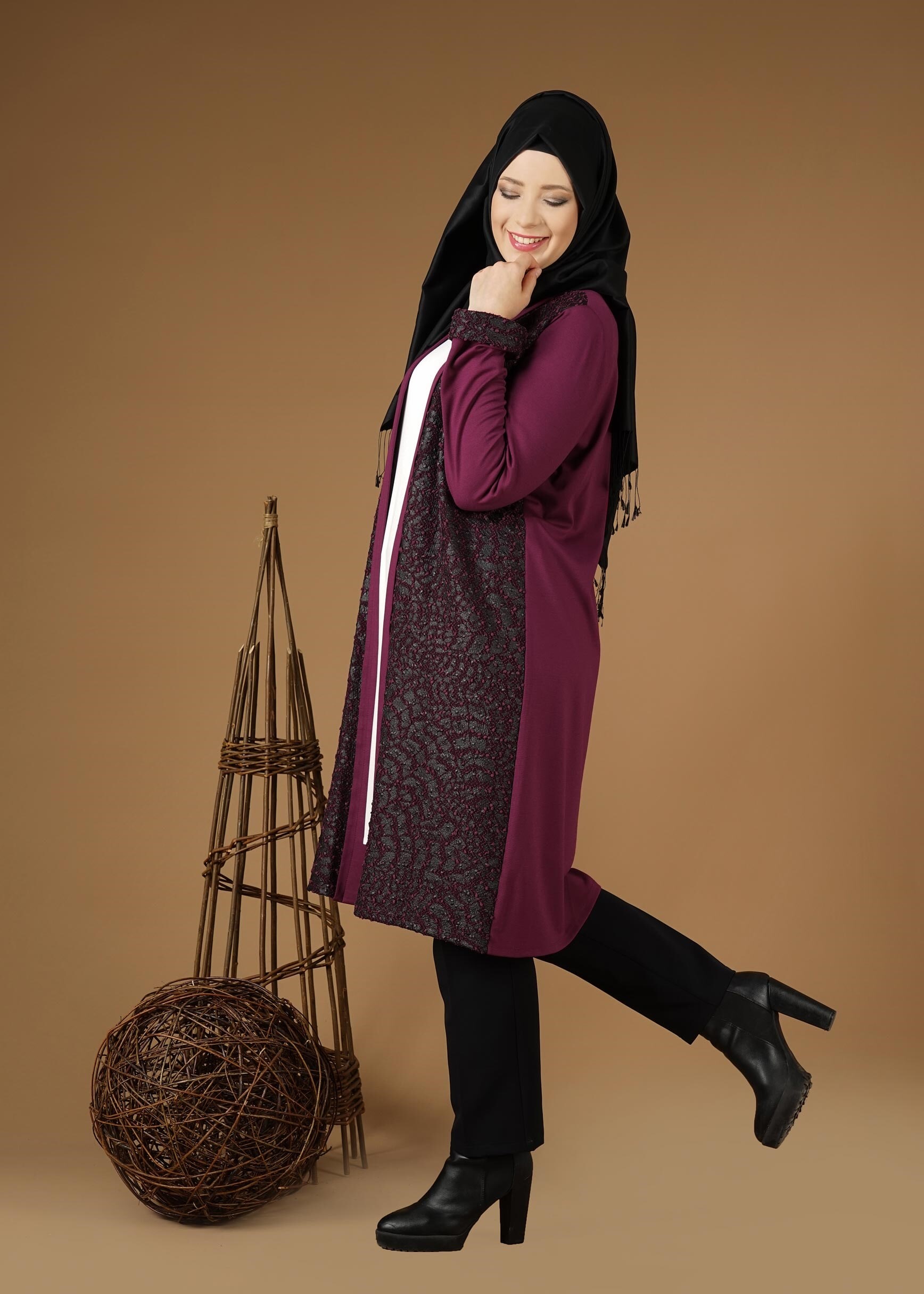 Tesettür giyim MOR ESKİTME DESENLİ CEKET 4947