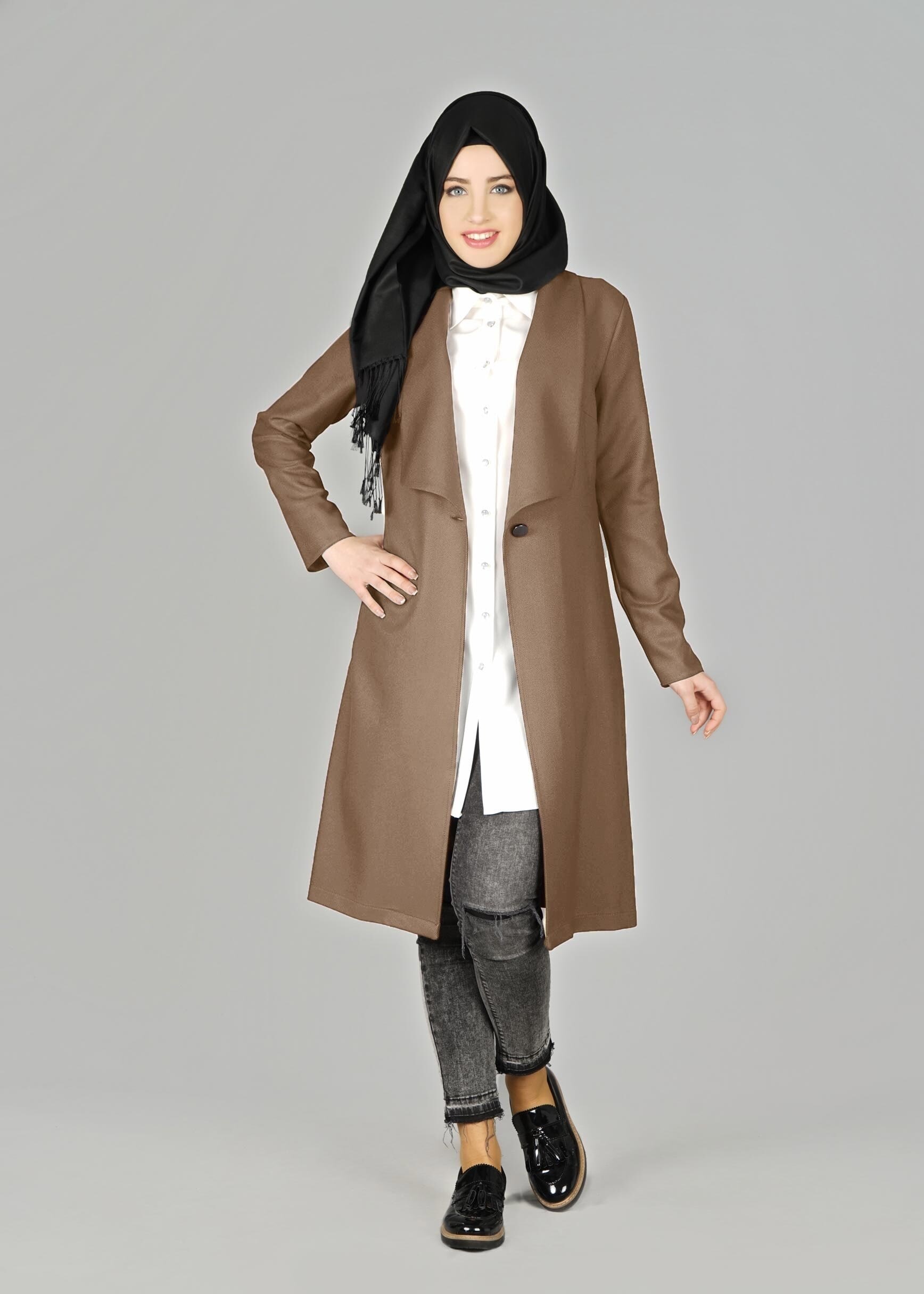 Tesettür giyim KAHVE GENİŞ YAKA DÜĞMELİ CEKET 4953