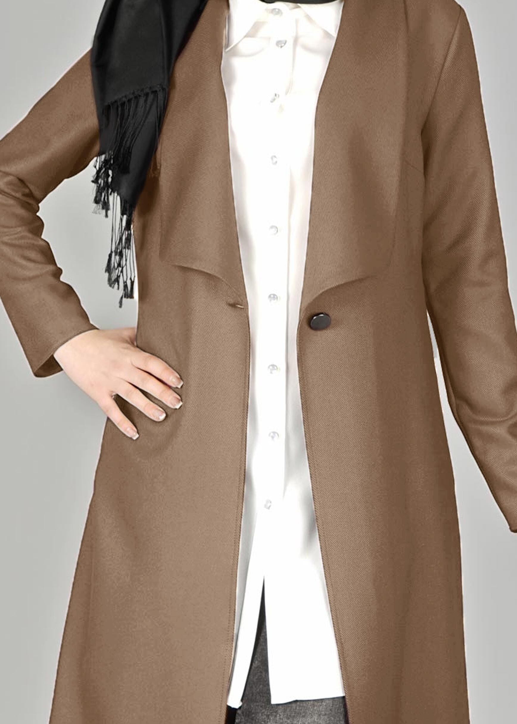 Tesettür giyim KAHVE GENİŞ YAKA DÜĞMELİ CEKET 4953