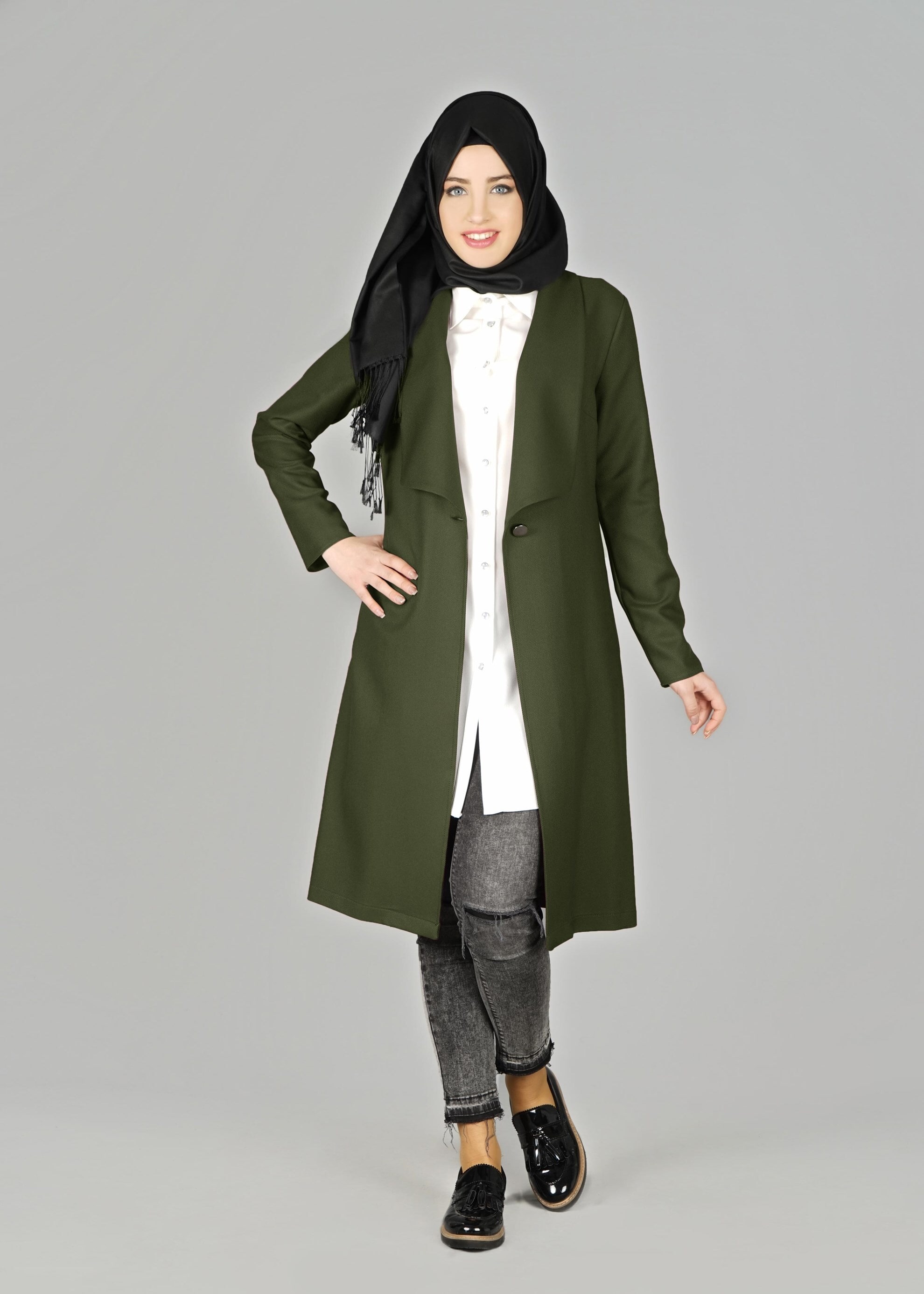 Tesettür giyim HAKİ GENİŞ YAKA DÜĞMELİ CEKET 4953