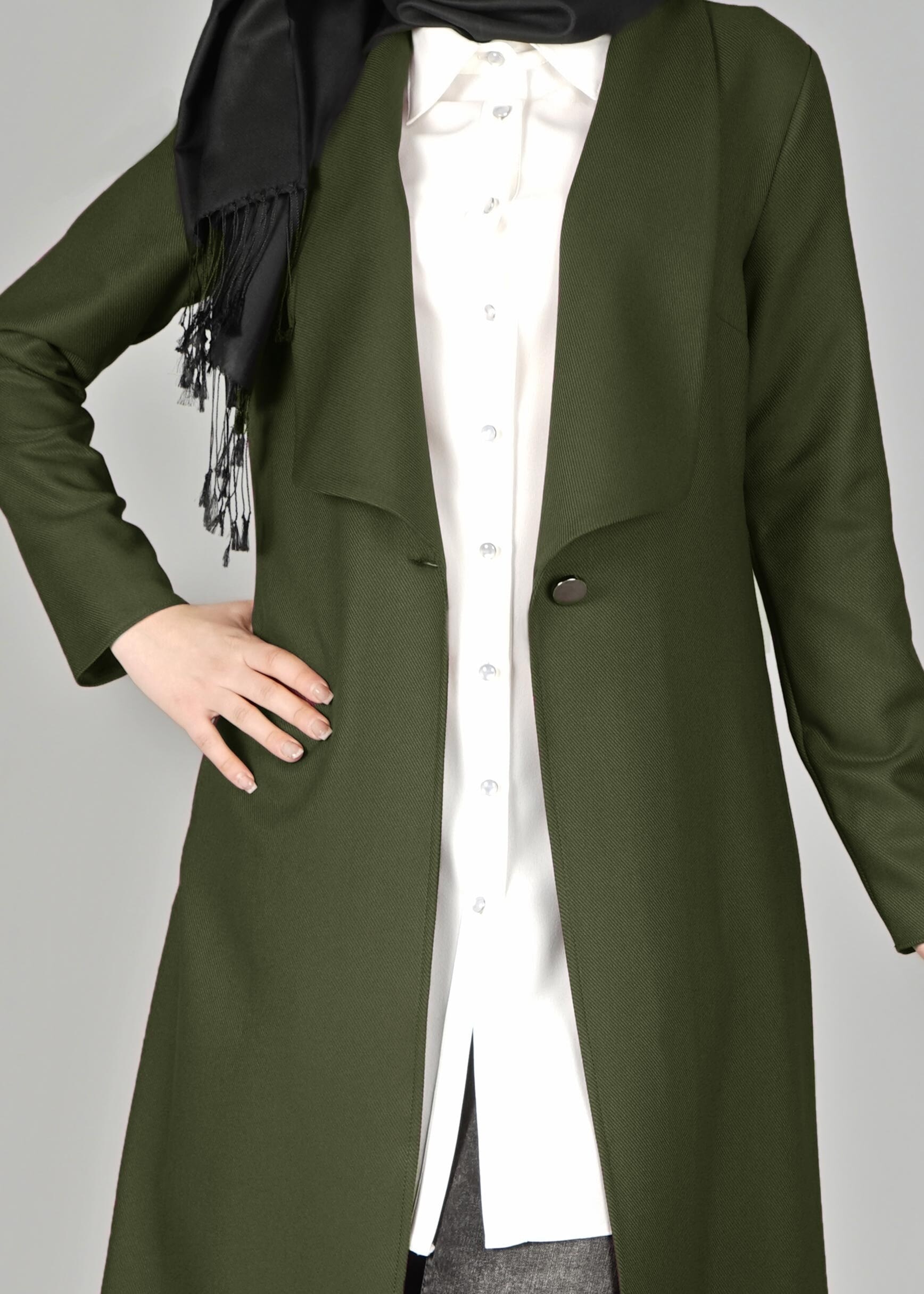 Tesettür giyim HAKİ GENİŞ YAKA DÜĞMELİ CEKET 4953