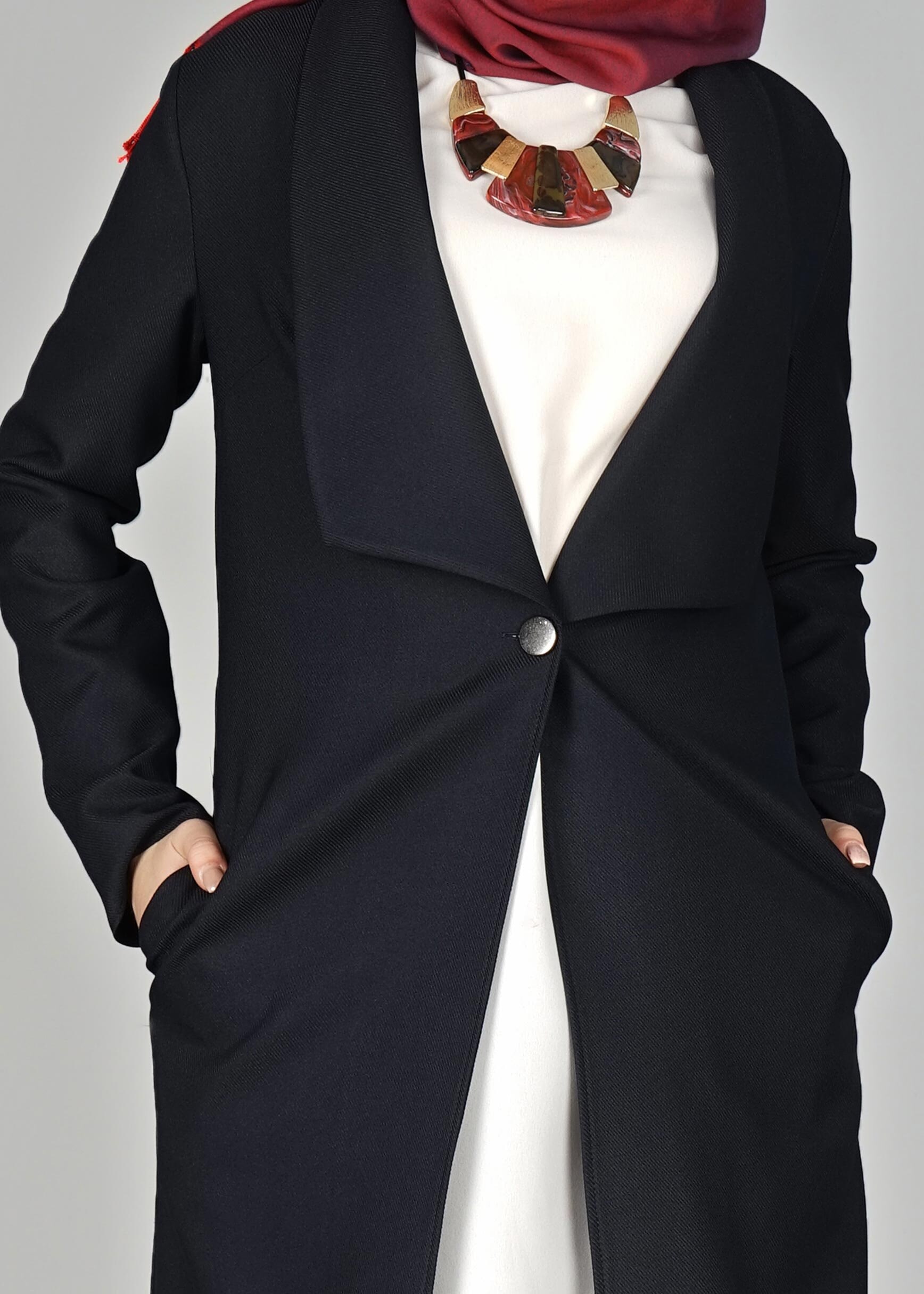 Tesettür giyim LACİVERT GENİŞ YAKA DÜĞMELİ CEKET 4953