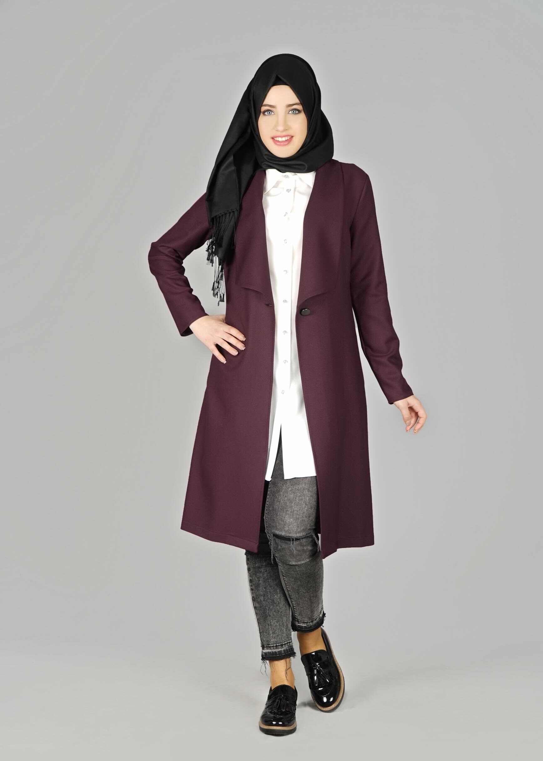 Tesettür giyim MÜRDÜM GENİŞ YAKA DÜĞMELİ CEKET 4953