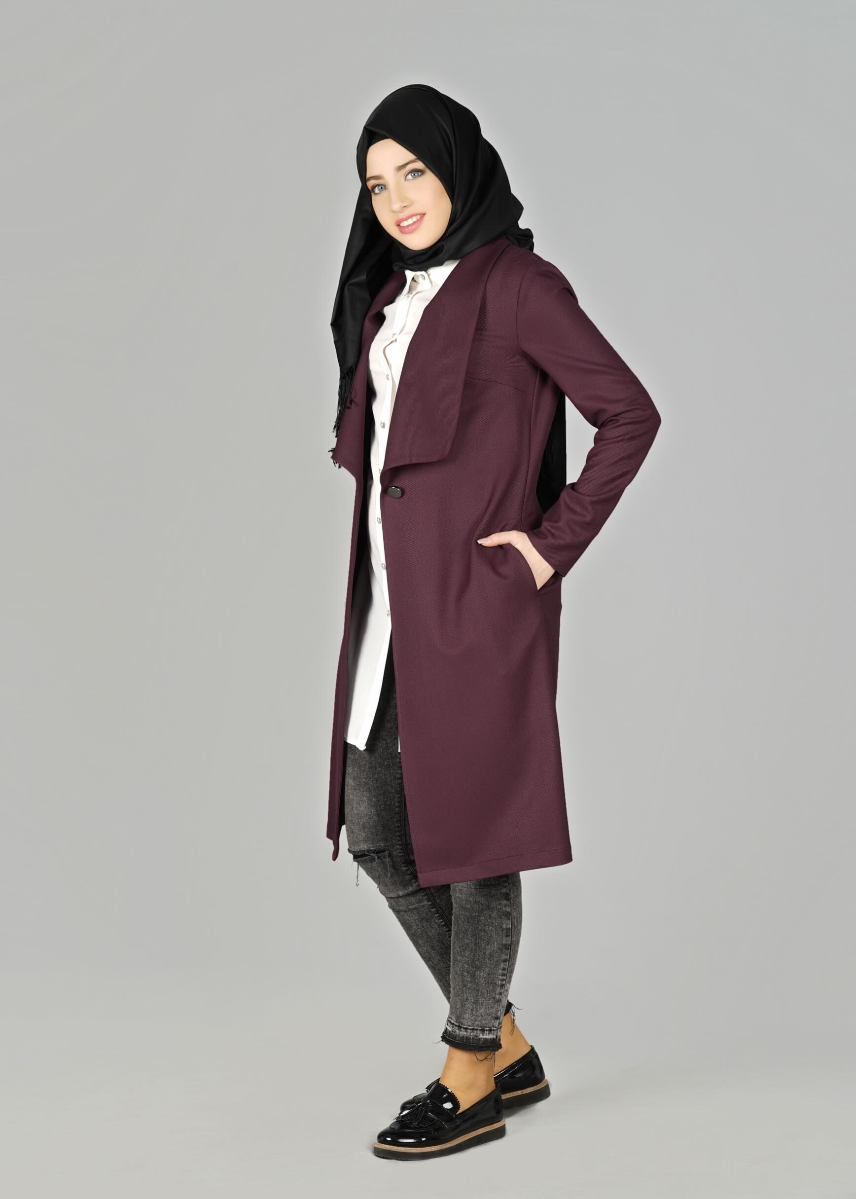 Tesettür giyim MÜRDÜM GENİŞ YAKA DÜĞMELİ CEKET 4953