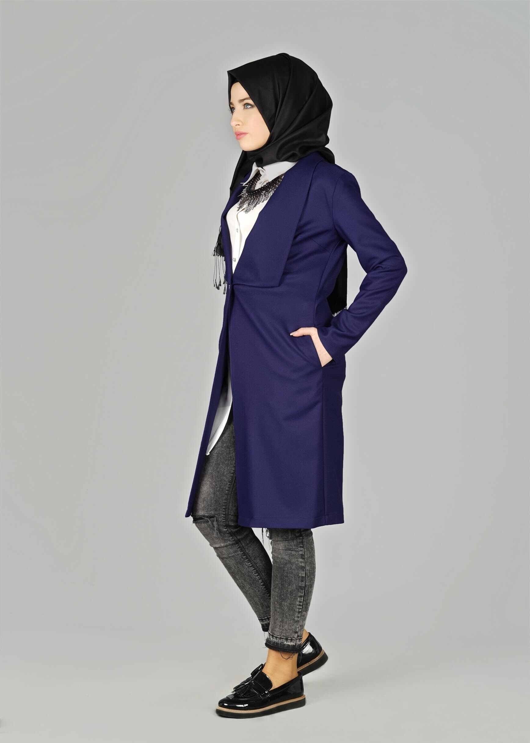 Tesettür giyim LACİVERT GENİŞ YAKA DÜĞMELİ CEKET 4953