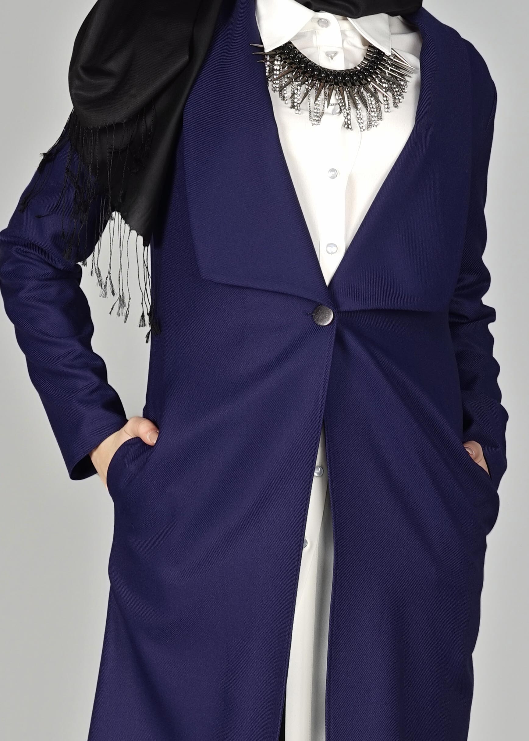 Tesettür giyim LACİVERT GENİŞ YAKA DÜĞMELİ CEKET 4953