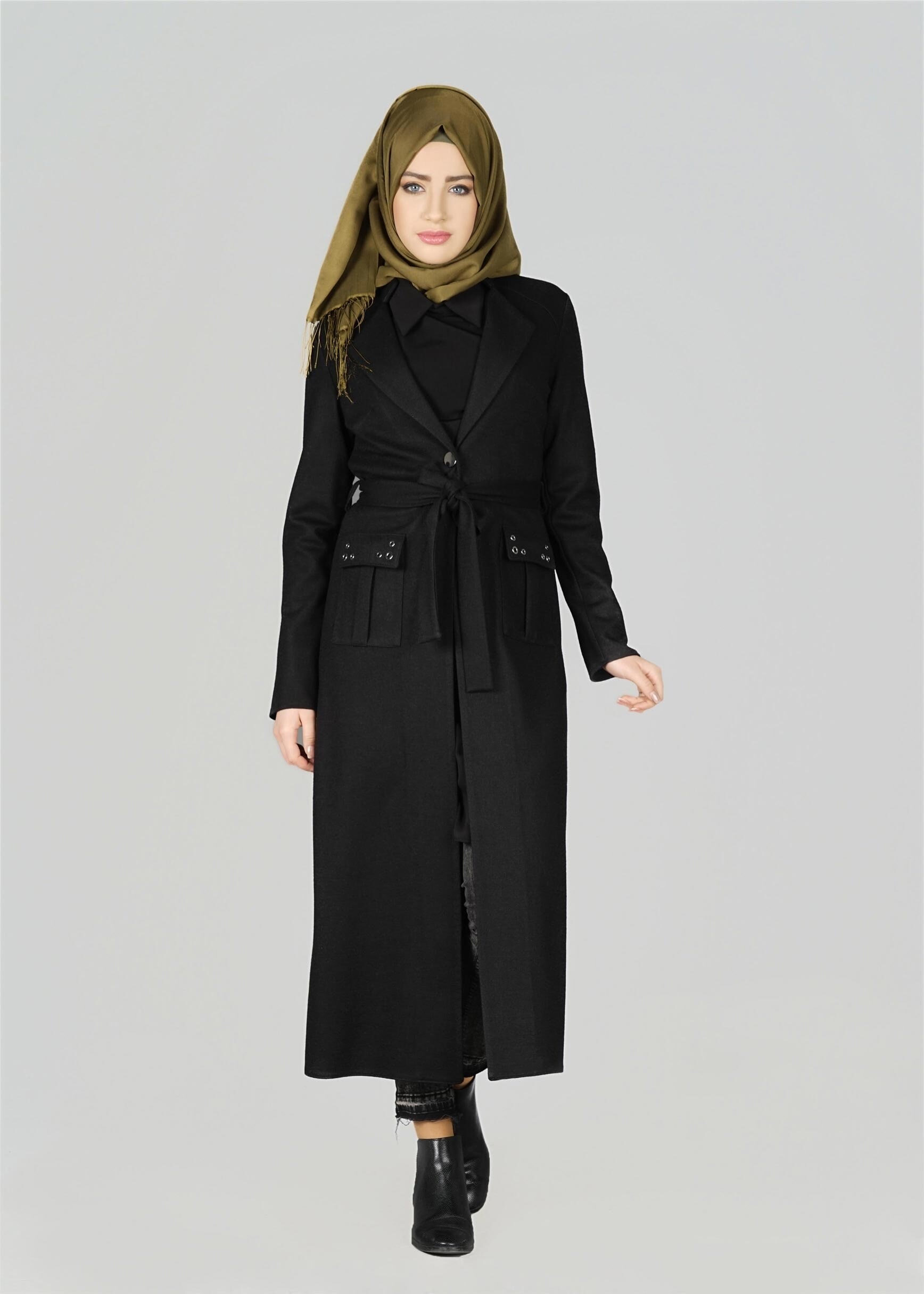 Tesettür giyim SİYAH CEPLİ KUŞAKLI CEKET 4954