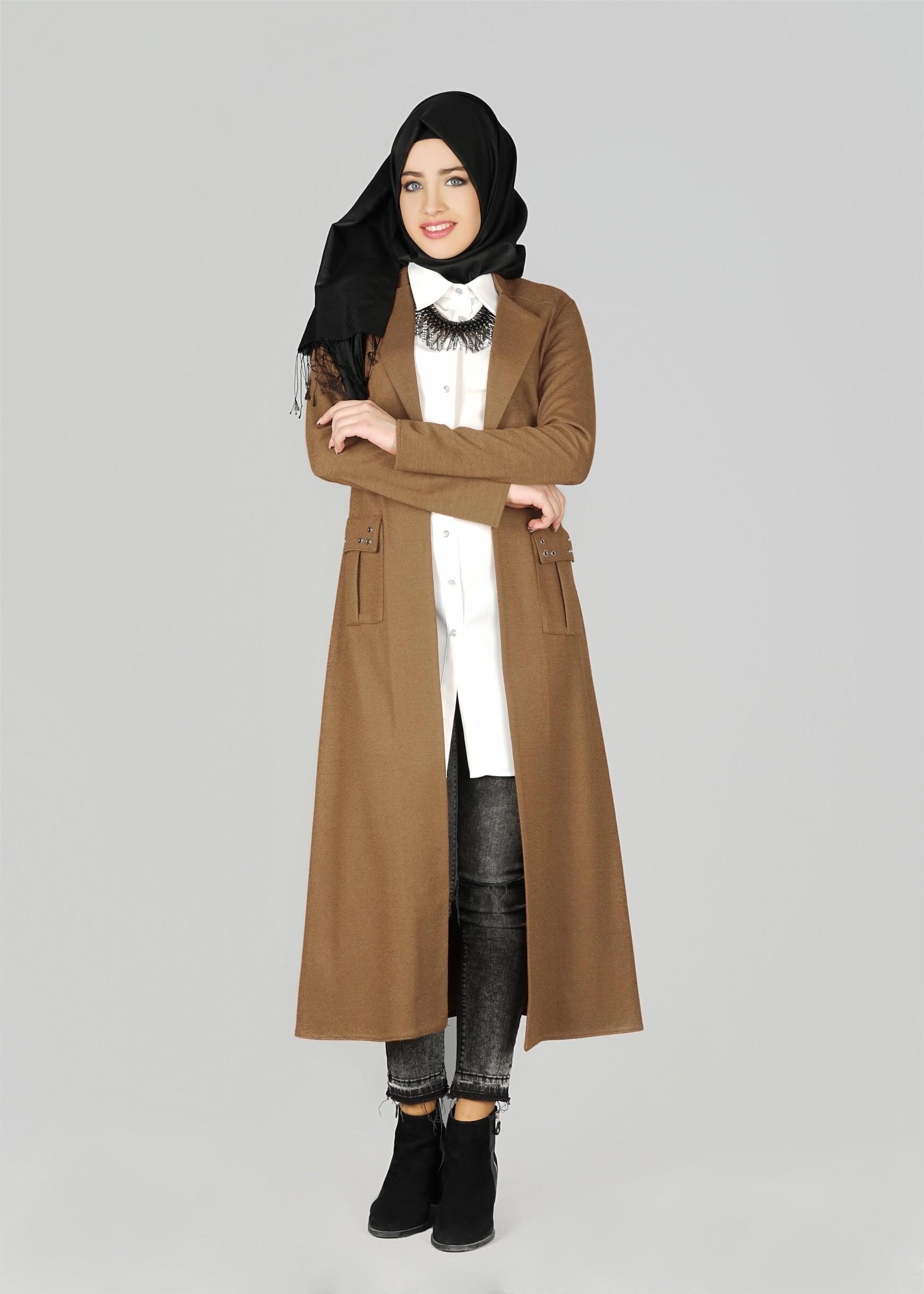 Tesettür giyim KAHVE CEPLİ KUŞAKLI CEKET 4954