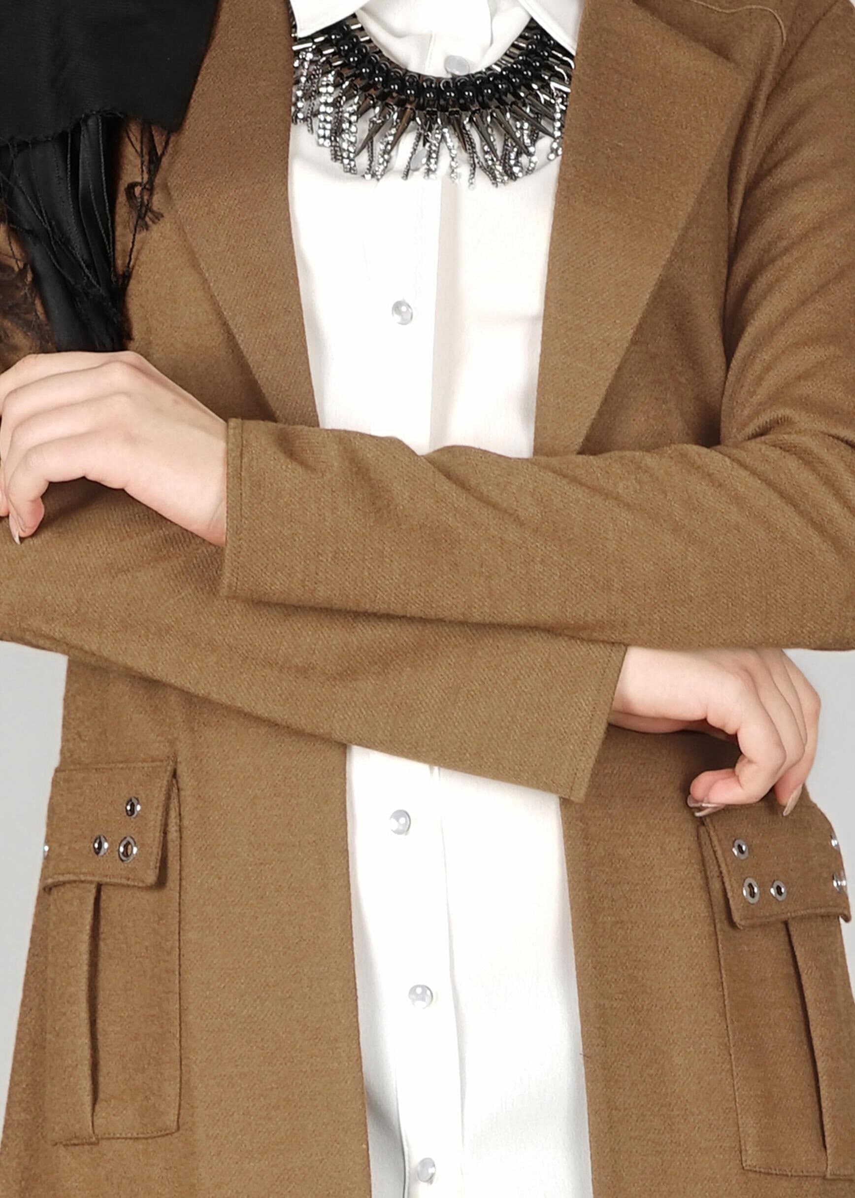 Tesettür giyim KAHVE CEPLİ KUŞAKLI CEKET 4954