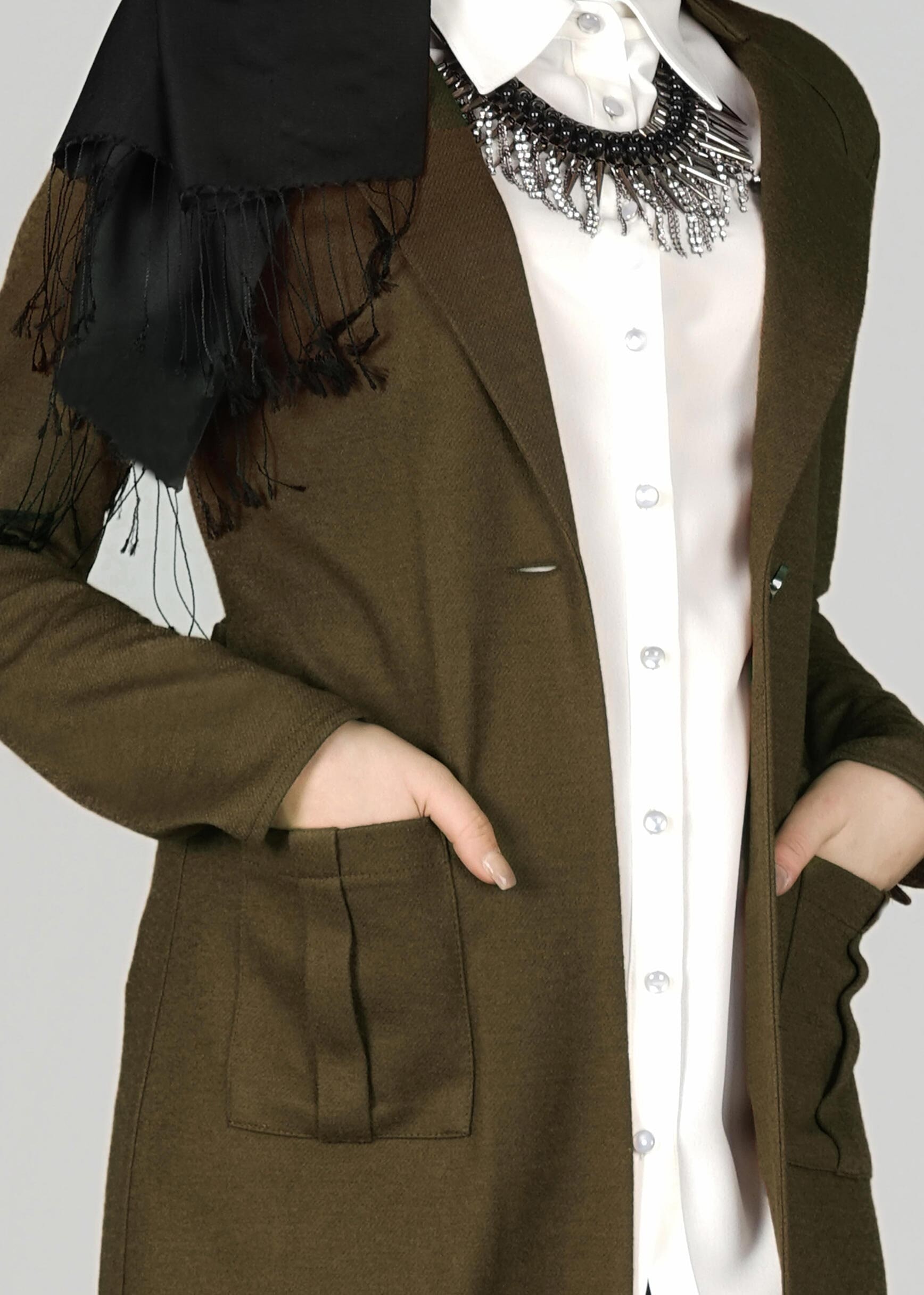 Tesettür giyim HAKİ CEPLİ KUŞAKLI CEKET 4954