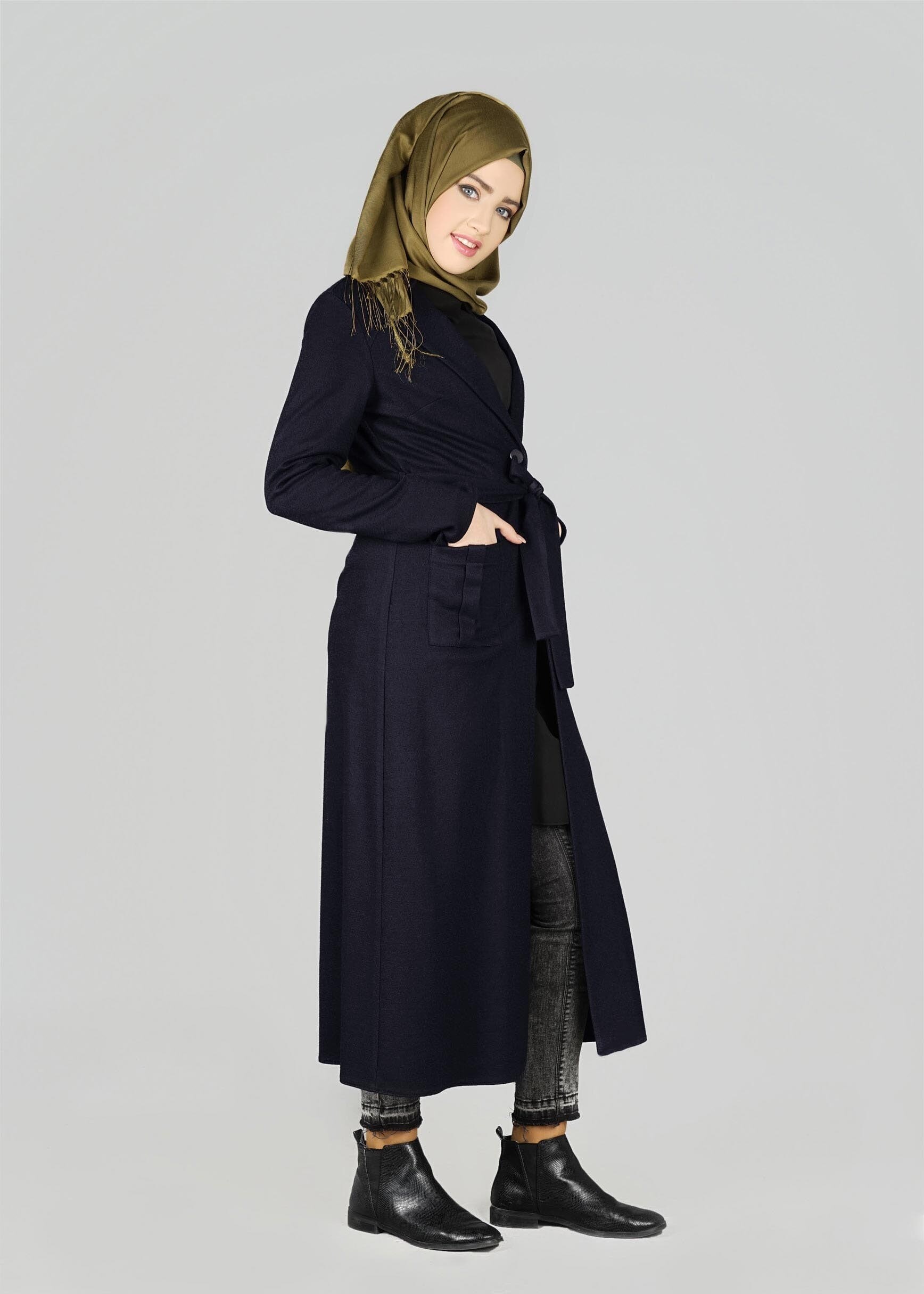 Tesettür giyim LACİVERT CEPLİ KUŞAKLI CEKET 4954