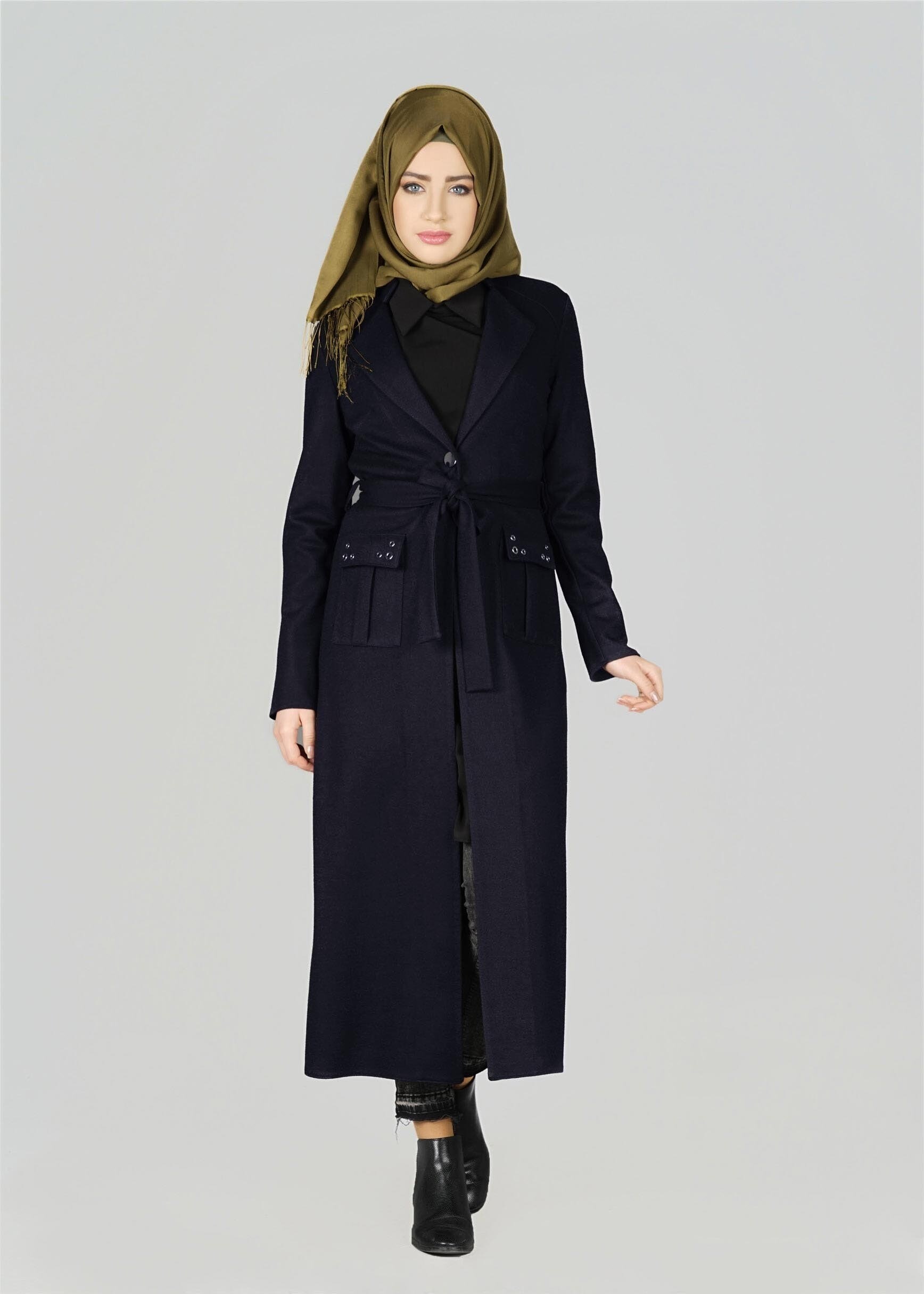 Tesettür giyim LACİVERT CEPLİ KUŞAKLI CEKET 4954