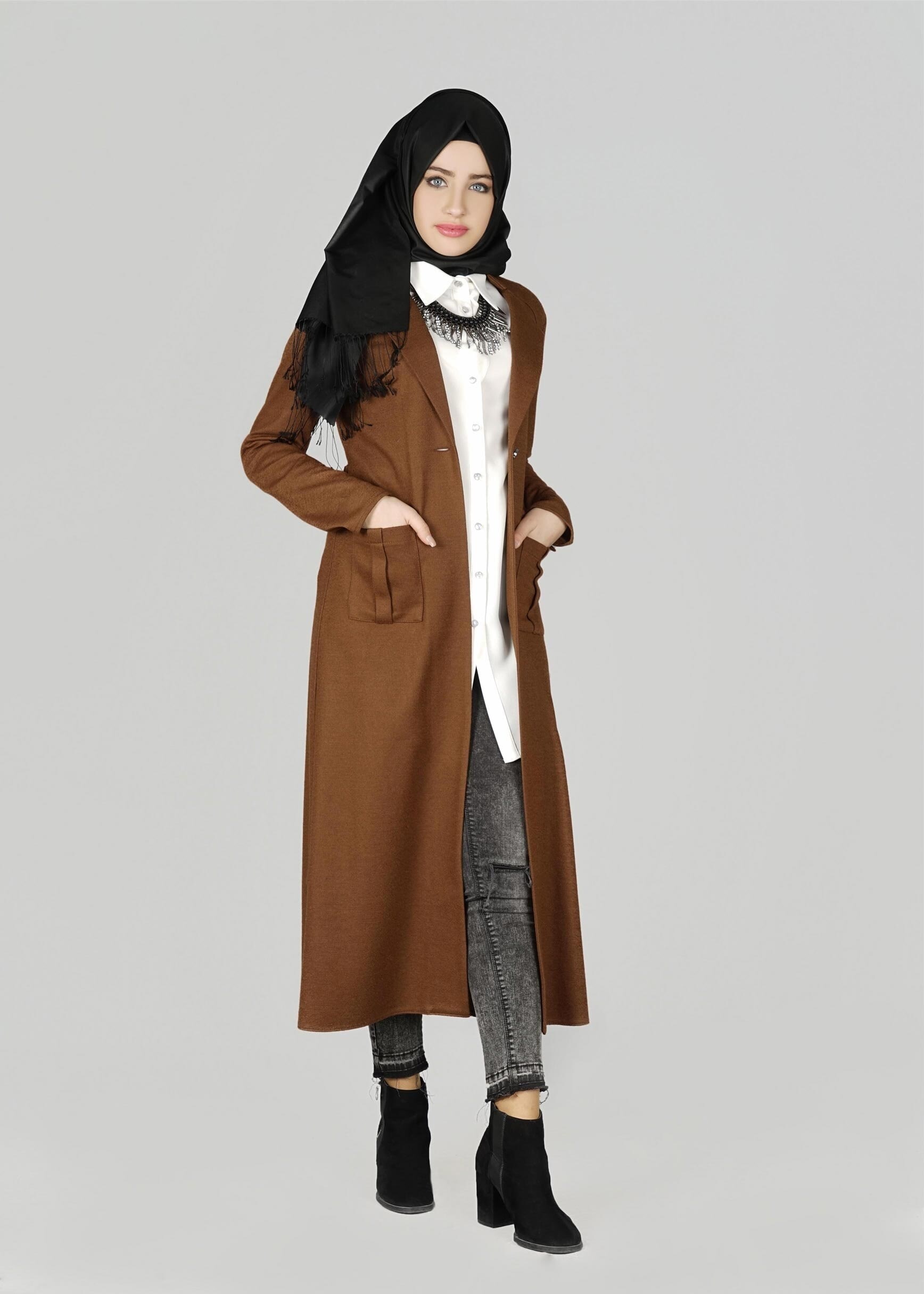 Tesettür giyim KAHVE CEPLİ KUŞAKLI CEKET 4954