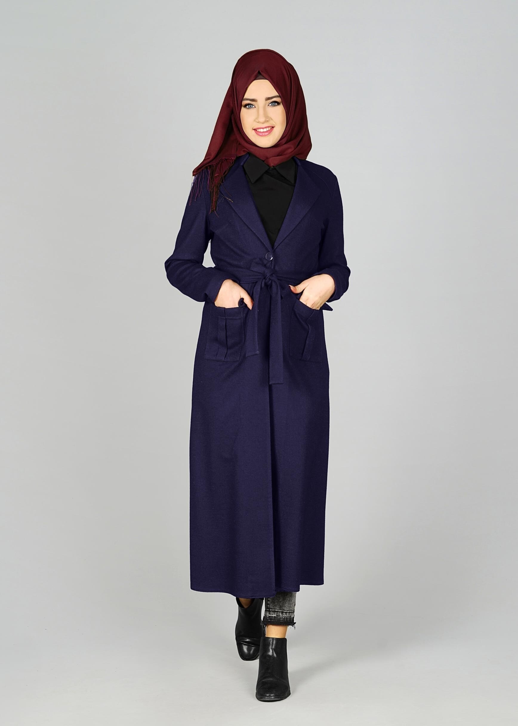 Tesettür giyim LACİVERT CEPLİ KUŞAKLI CEKET 4954