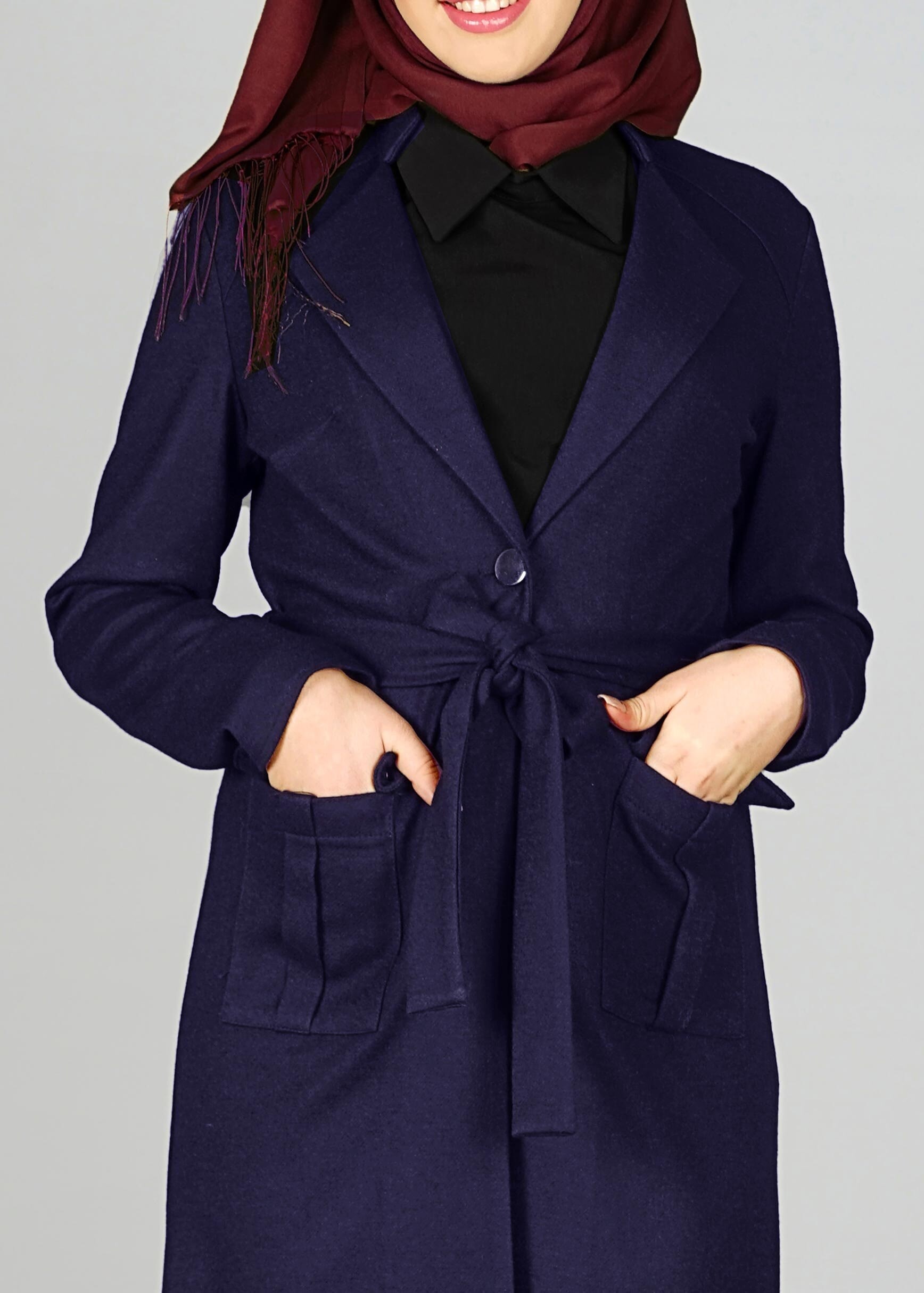 Tesettür giyim LACİVERT CEPLİ KUŞAKLI CEKET 4954