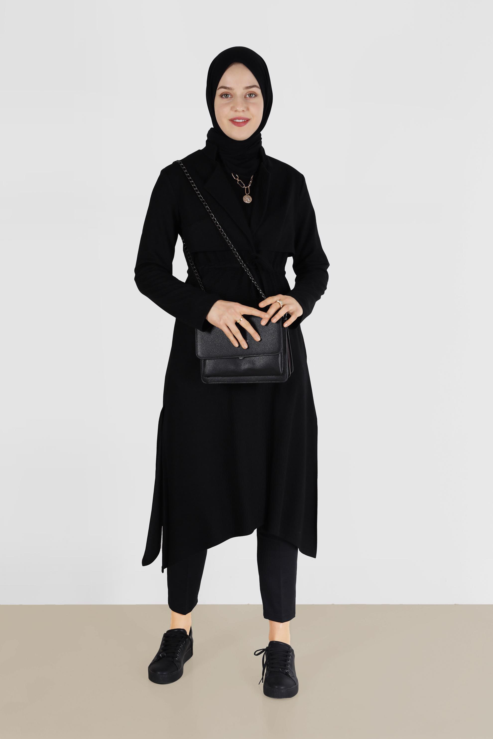 Tesettür giyim SİYAH BELİ BAĞCIKLI KEÇE CEKET 4975 