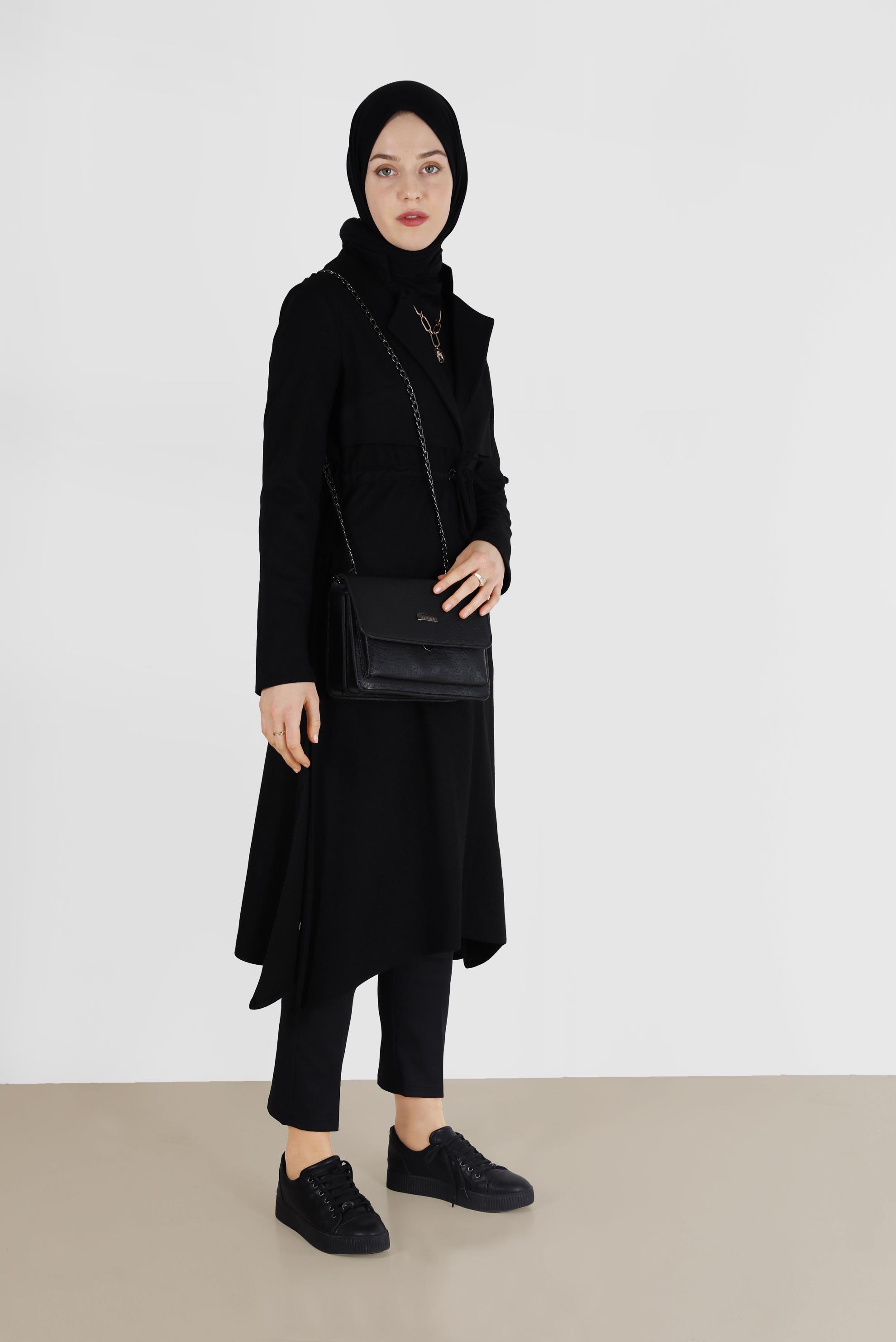 Tesettür giyim SİYAH BELİ BAĞCIKLI KEÇE CEKET 4975 