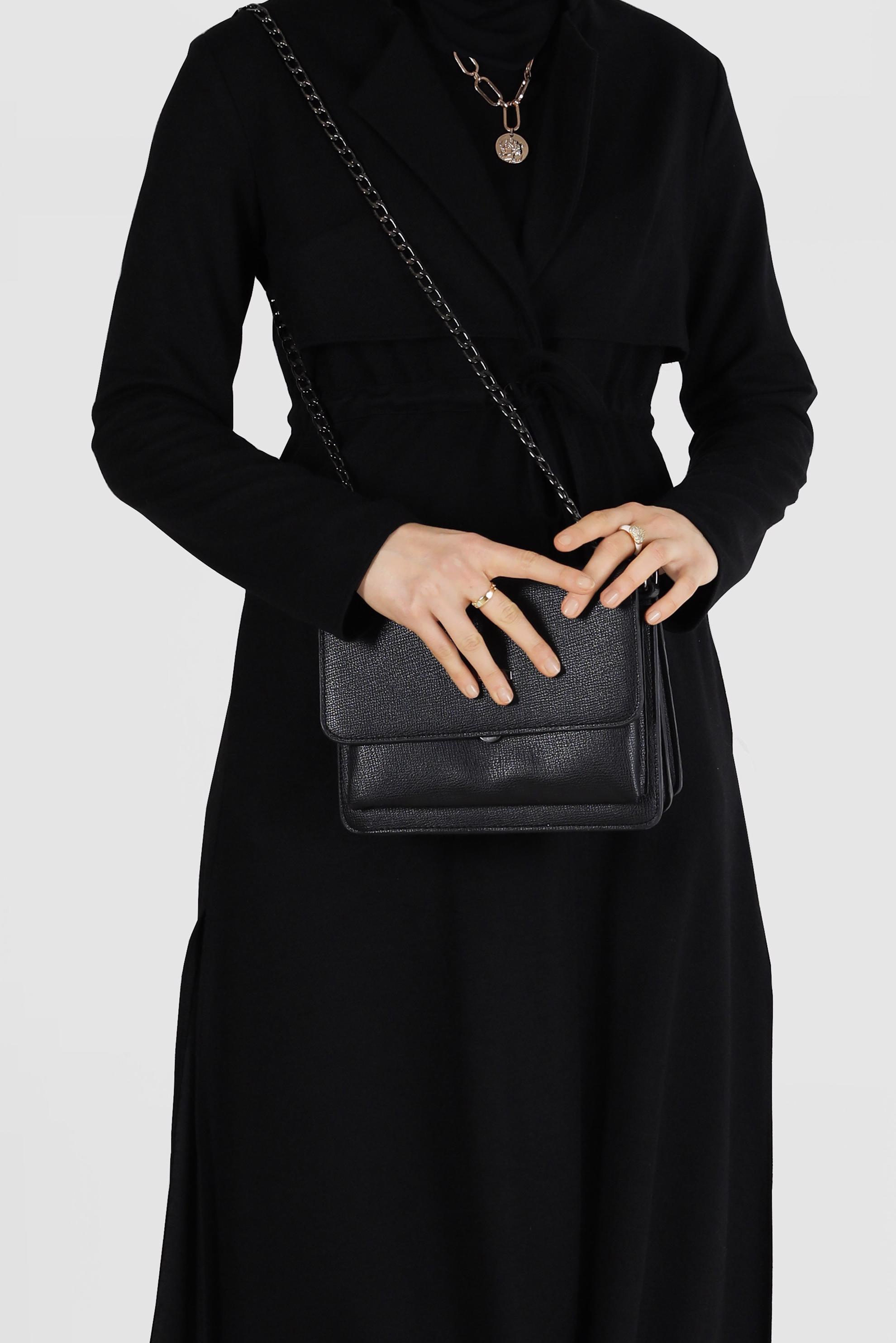 Tesettür giyim SİYAH BELİ BAĞCIKLI KEÇE CEKET 4975 