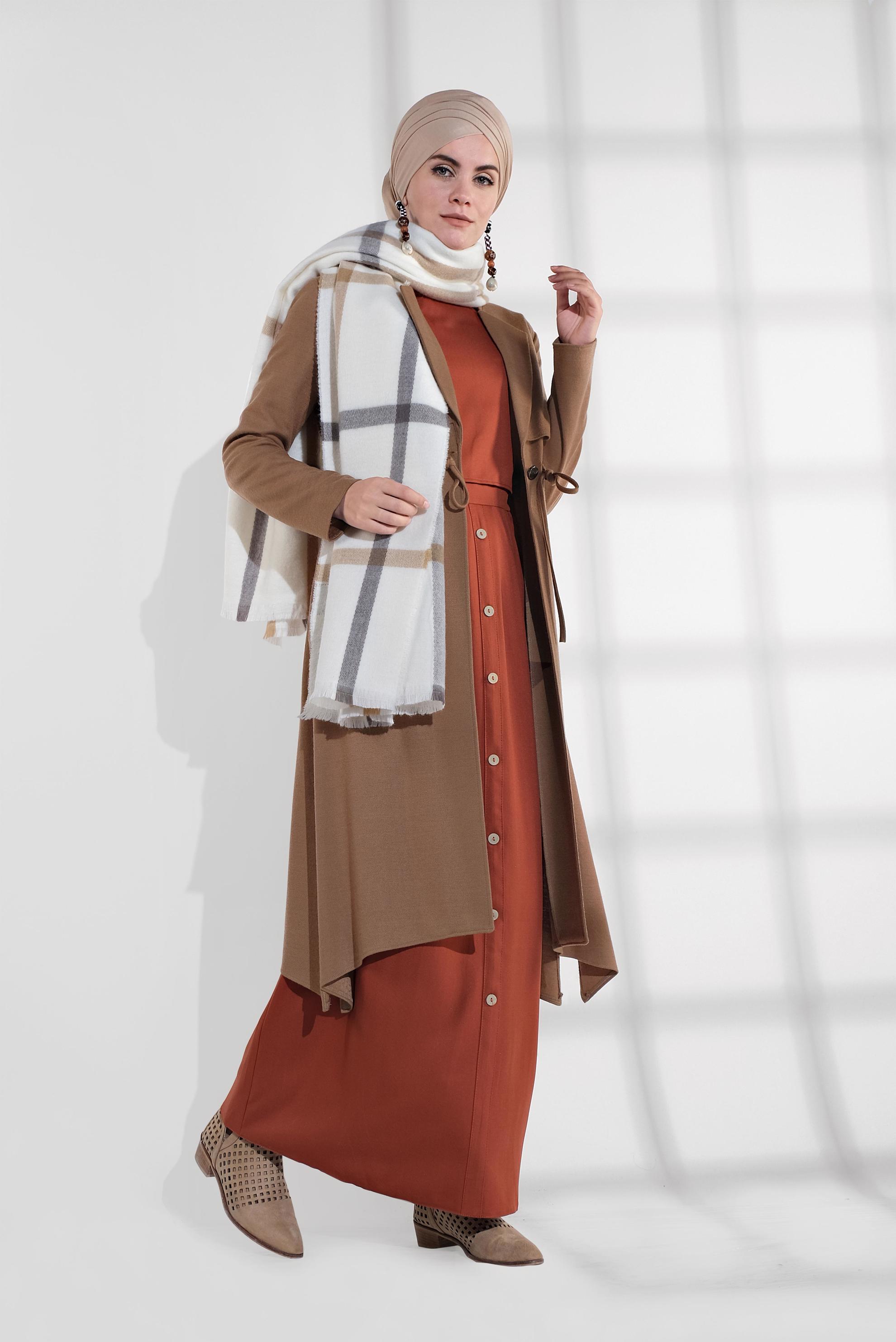 Tesettür giyim KAHVE BELİ BAĞCIKLI KEÇE CEKET 4975 