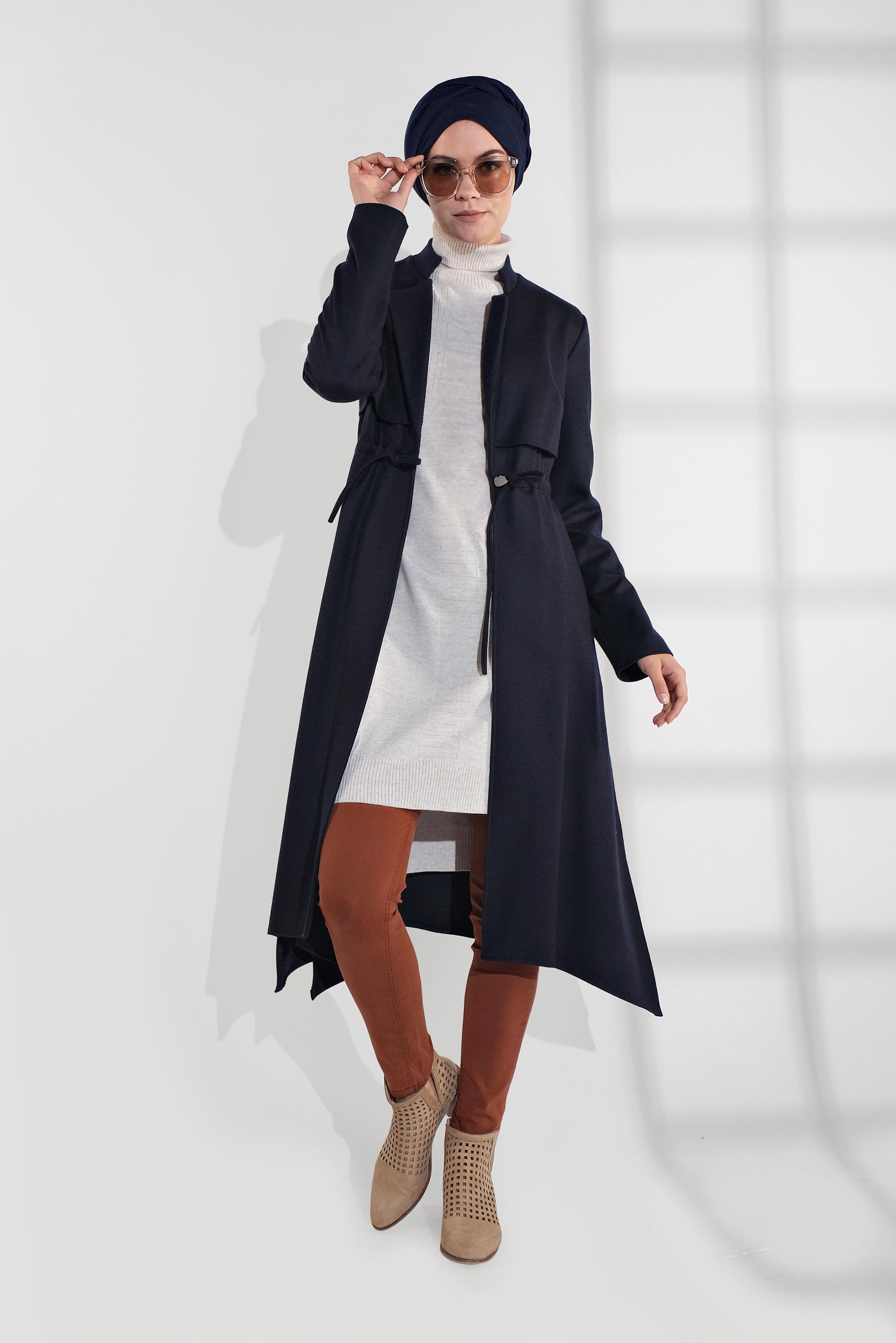 Tesettür giyim LACİVERT BELİ BAĞCIKLI KEÇE CEKET 4975 