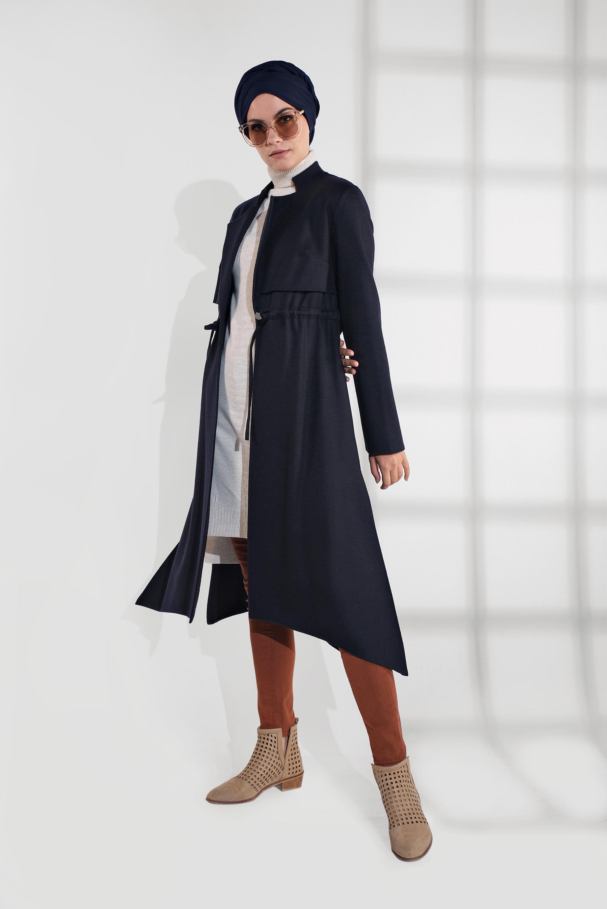 Tesettür giyim LACİVERT BELİ BAĞCIKLI KEÇE CEKET 4975 