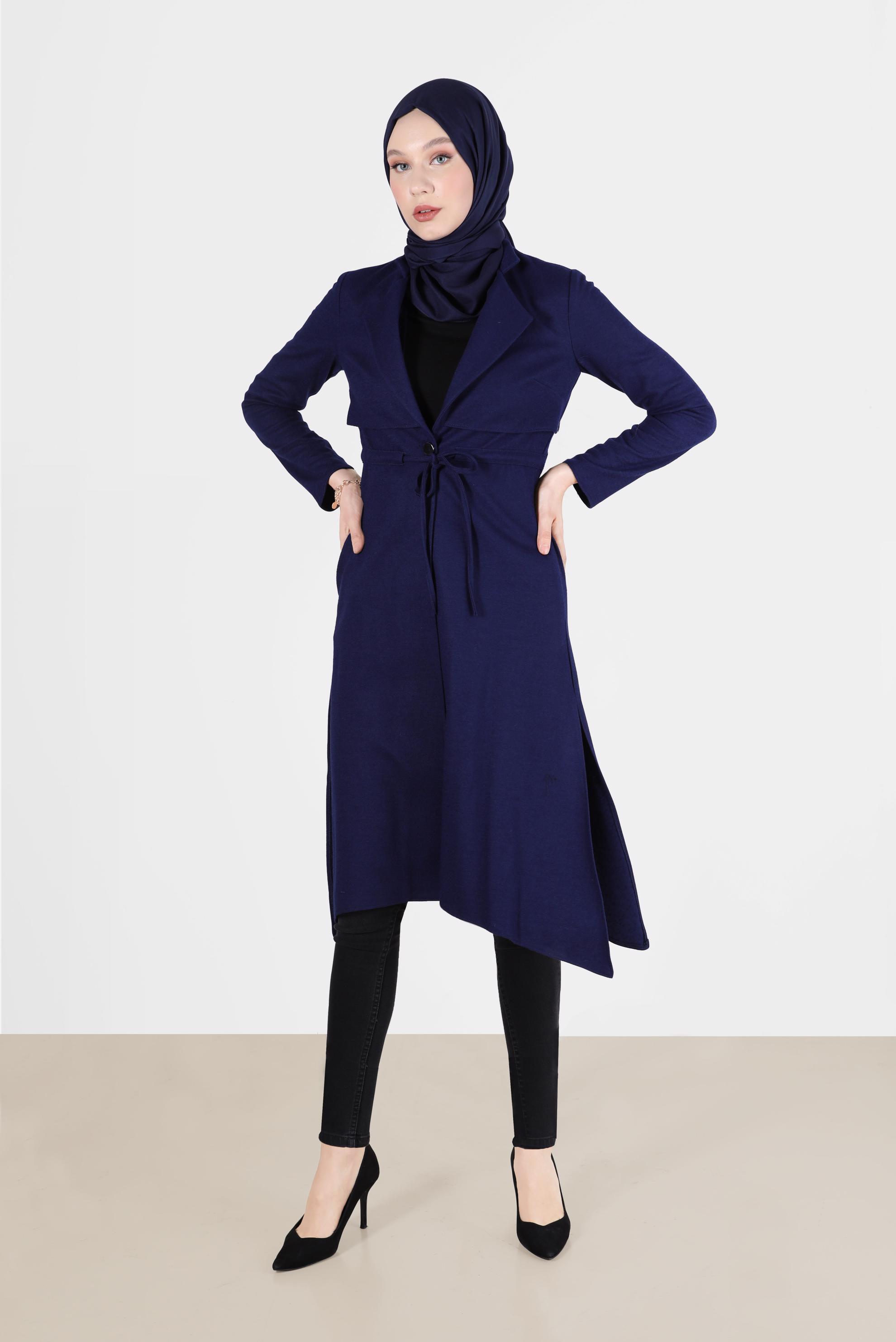 Tesettür giyim LACİVERT BELİ BAĞCIKLI KEÇE CEKET 4975 