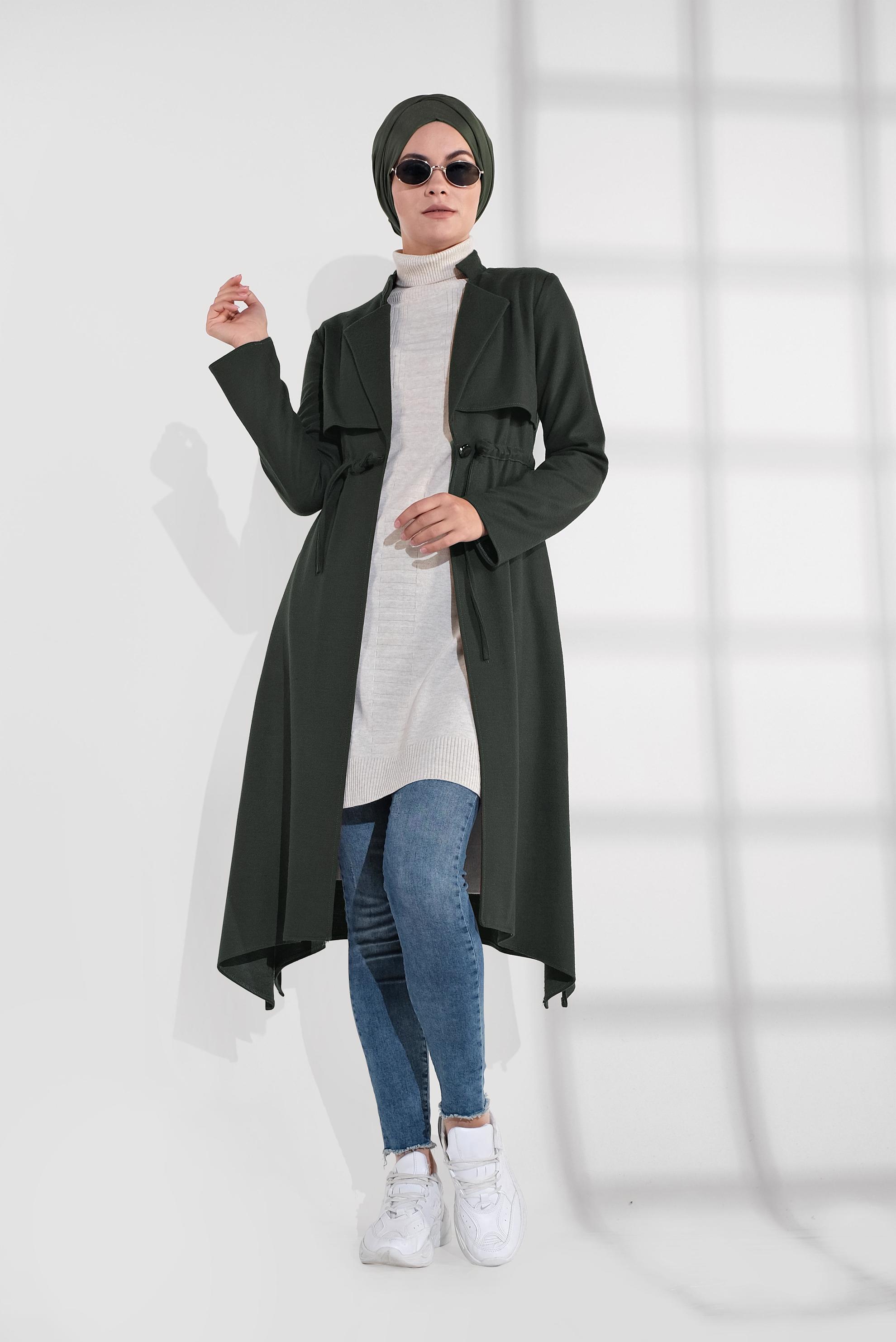 Tesettür giyim YEŞİL BELİ BAĞCIKLI KEÇE CEKET 4975 