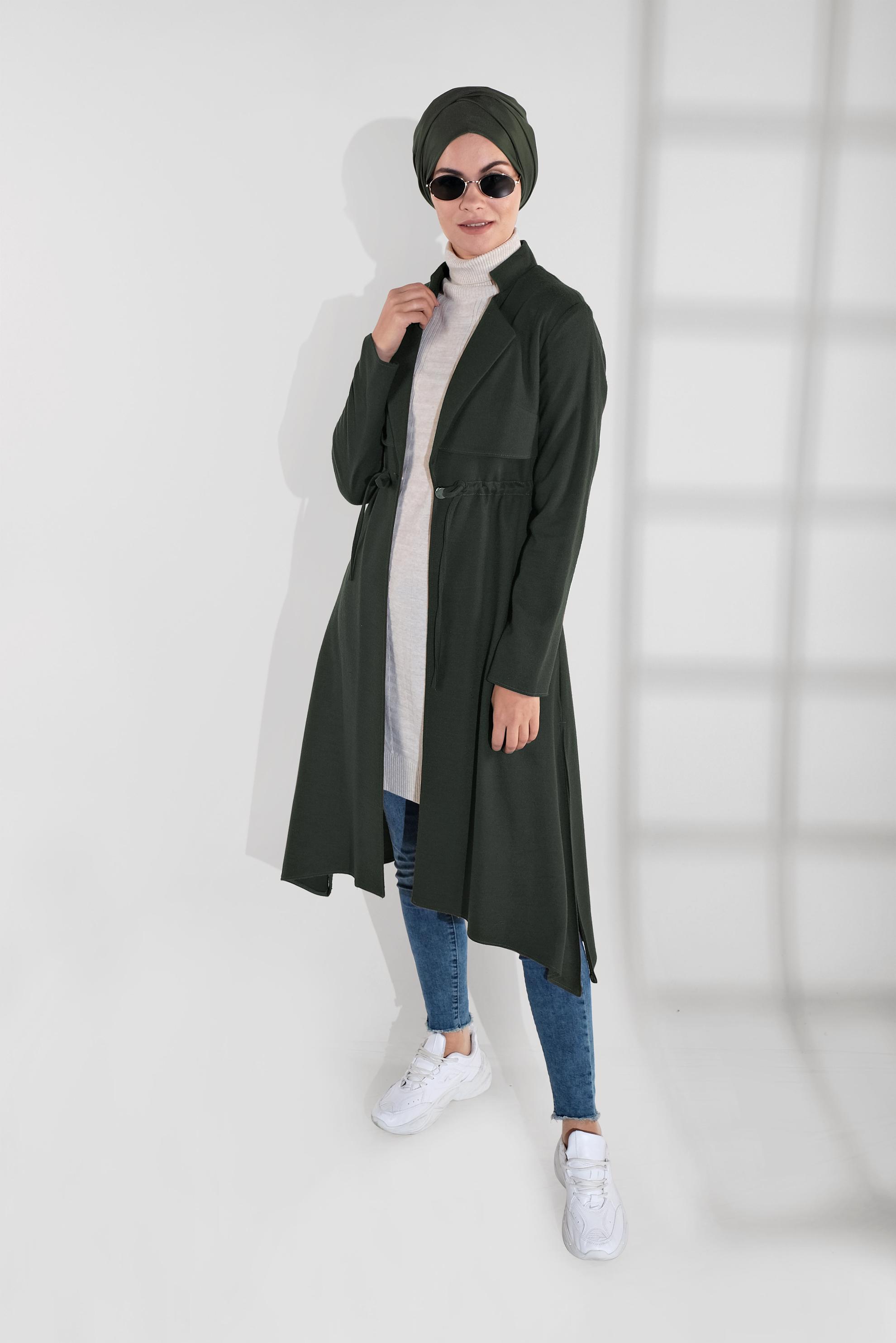 Tesettür giyim YEŞİL BELİ BAĞCIKLI KEÇE CEKET 4975 