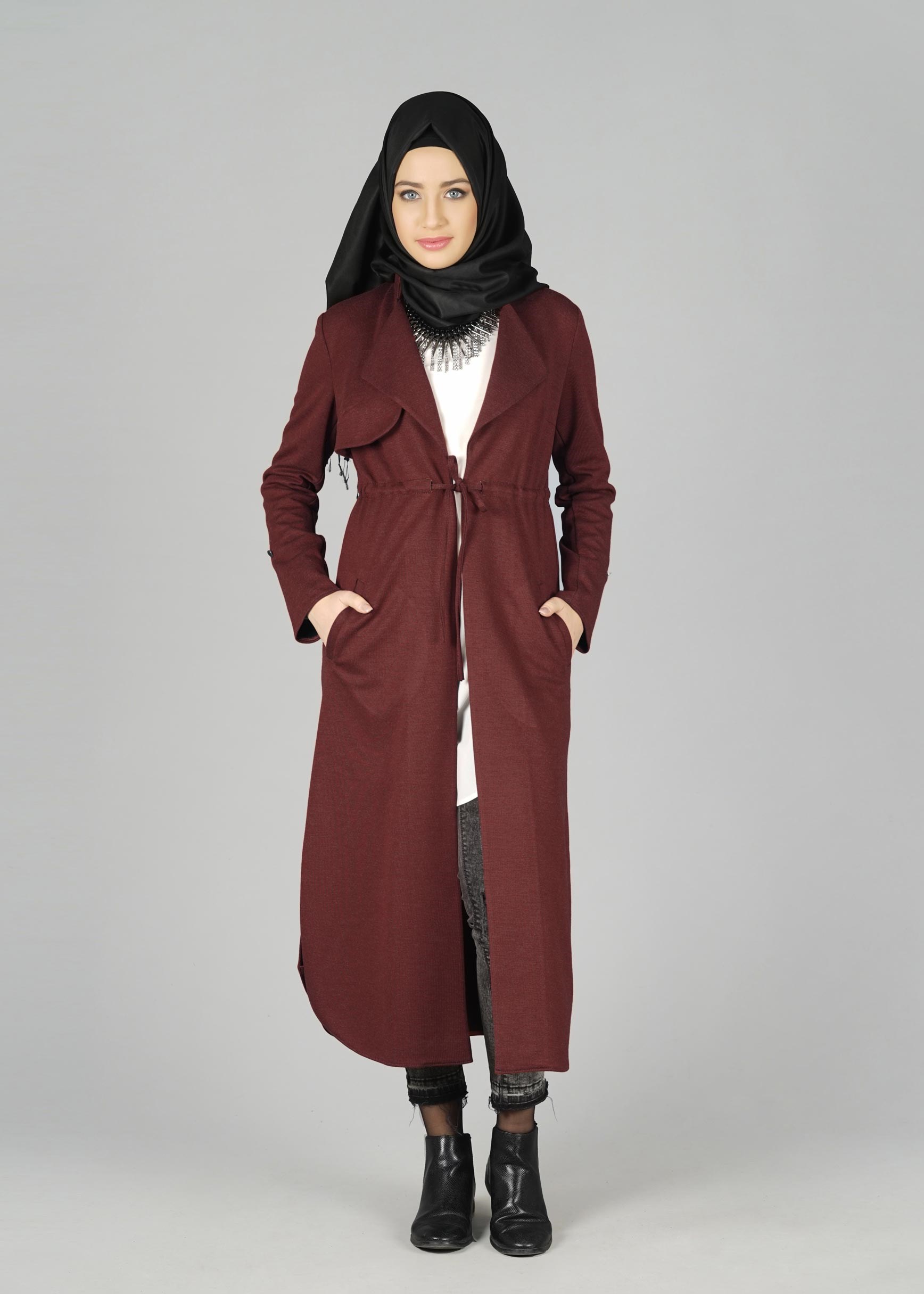 Tesettür giyim BORDO BELİ BÜZGÜ BAĞCIKLI CEKET 4976