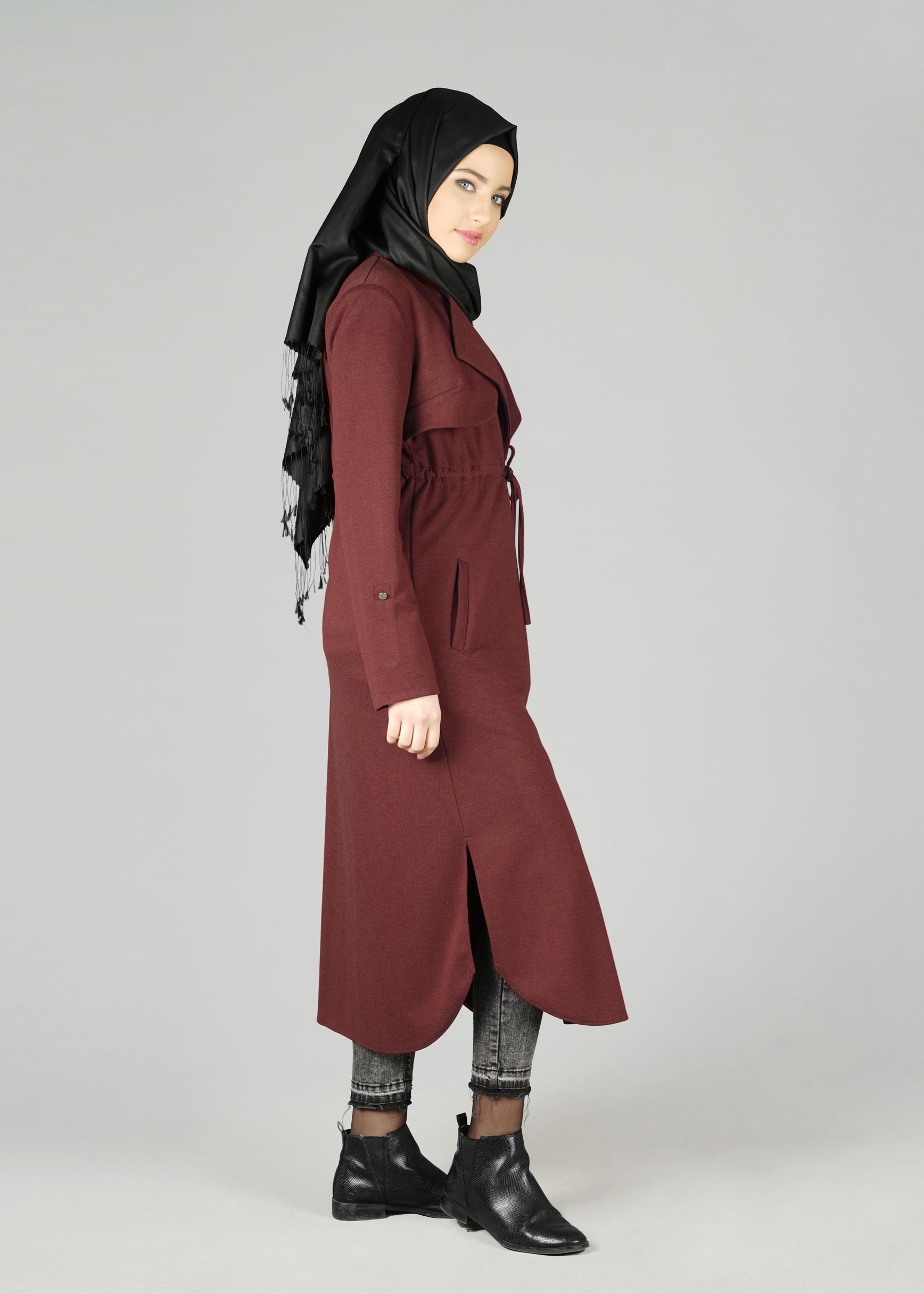 Tesettür giyim BORDO BELİ BÜZGÜ BAĞCIKLI CEKET 4976