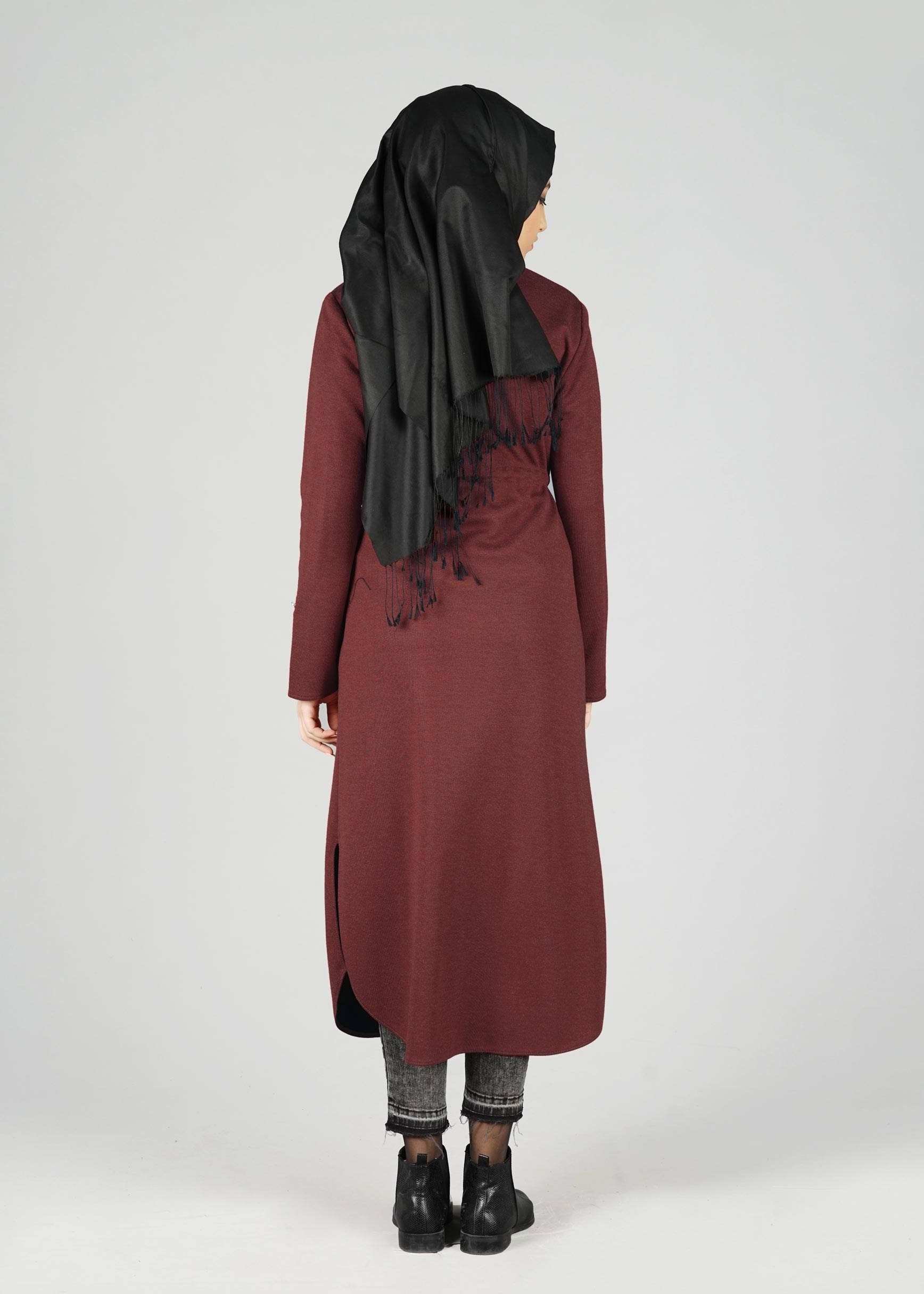 Tesettür giyim BORDO BELİ BÜZGÜ BAĞCIKLI CEKET 4976