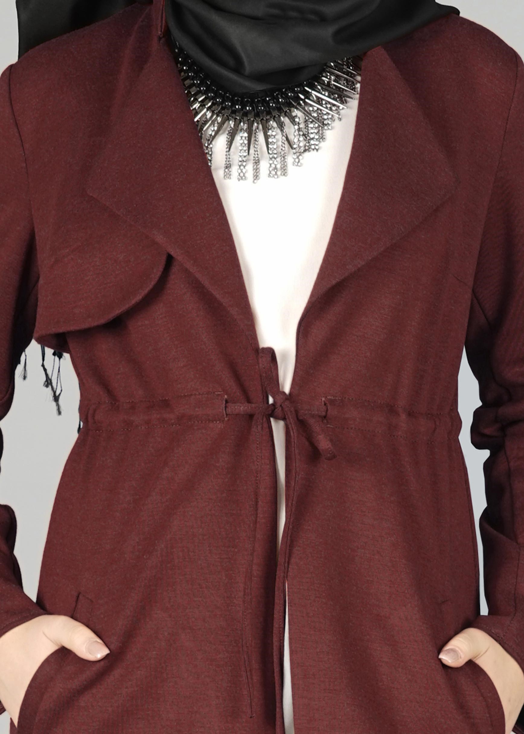 Tesettür giyim BORDO BELİ BÜZGÜ BAĞCIKLI CEKET 4976