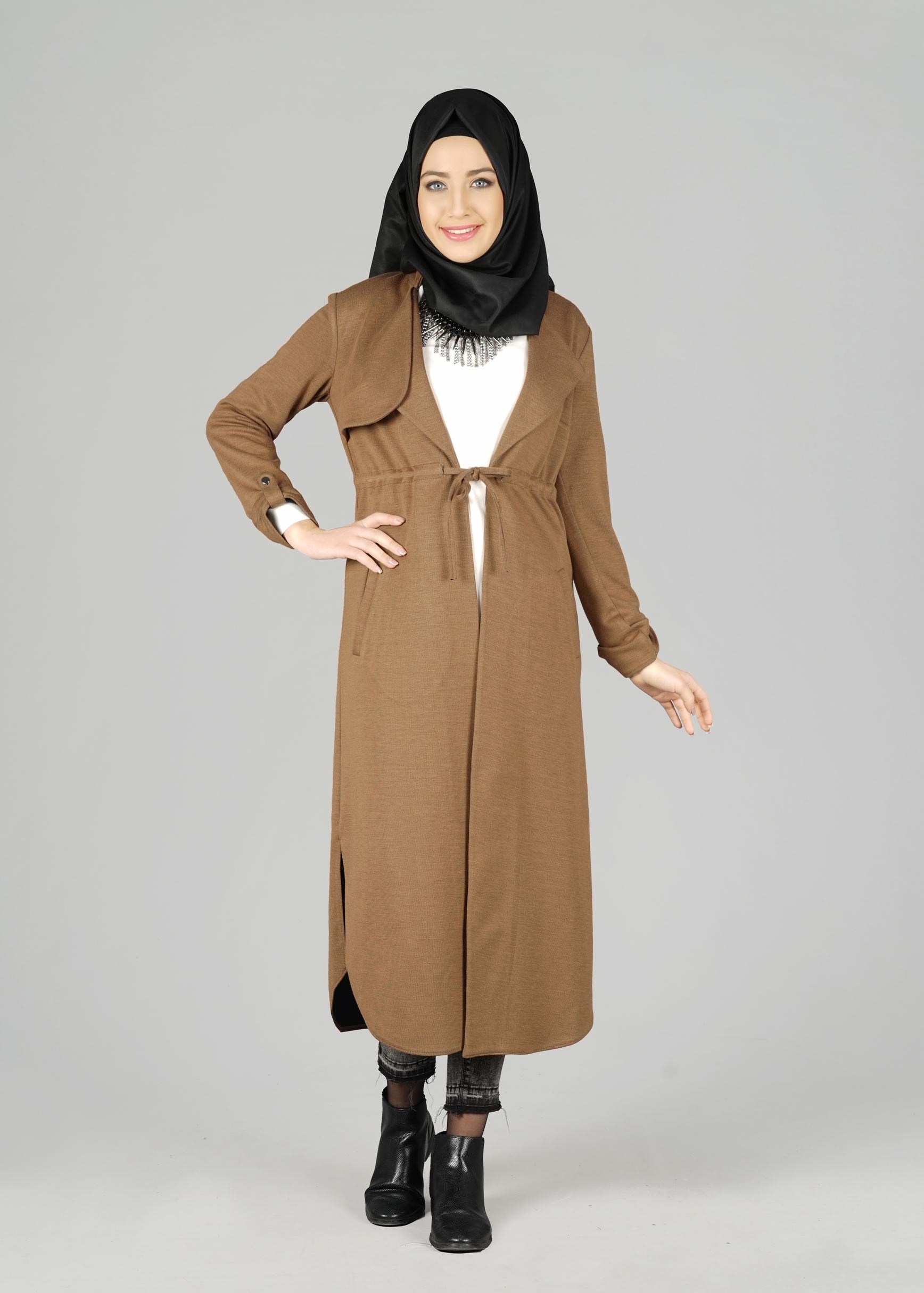 Tesettür giyim KAHVE BELİ BÜZGÜ BAĞCIKLI CEKET 4976