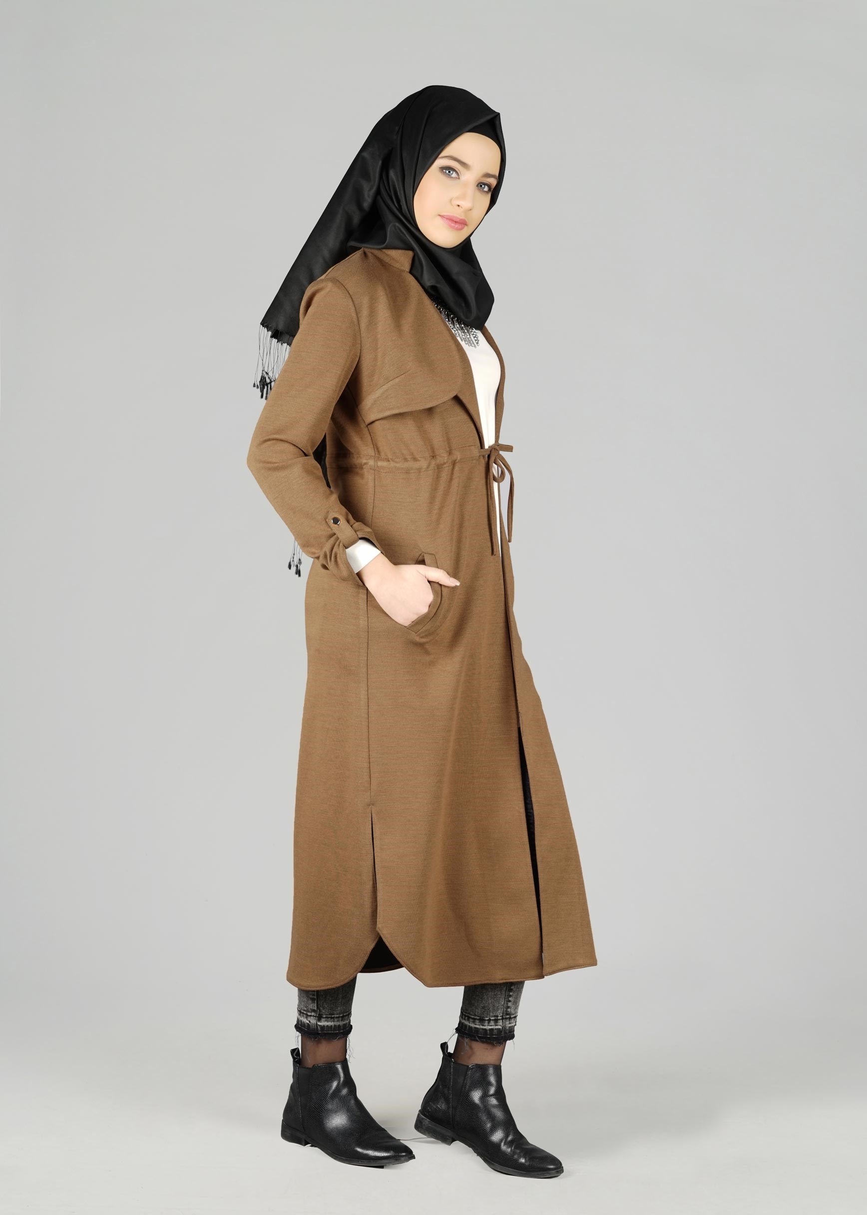 Tesettür giyim KAHVE BELİ BÜZGÜ BAĞCIKLI CEKET 4976