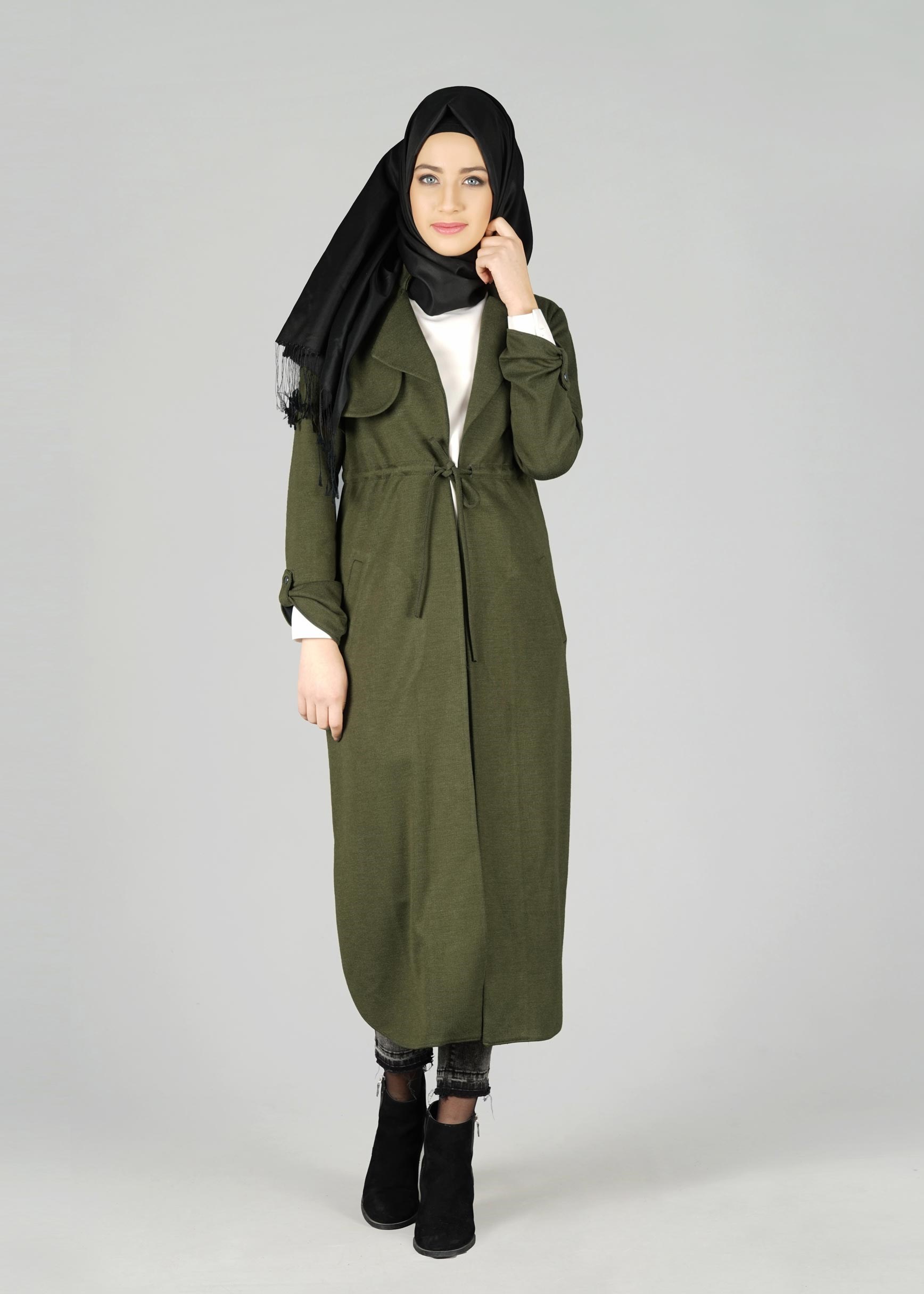 Tesettür giyim HAKİ BELİ BÜZGÜ BAĞCIKLI CEKET 4976